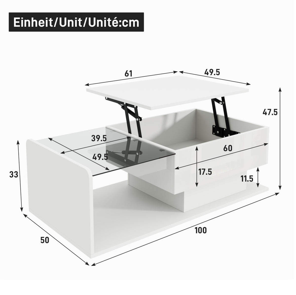 COUCHTISCH aus Spanplatte 100x50x33/47,5 cm in Weiß mit LED-Beleuchtung - Weiß, Holzwerkstoff (100/50/47.5cm) - Modfu
