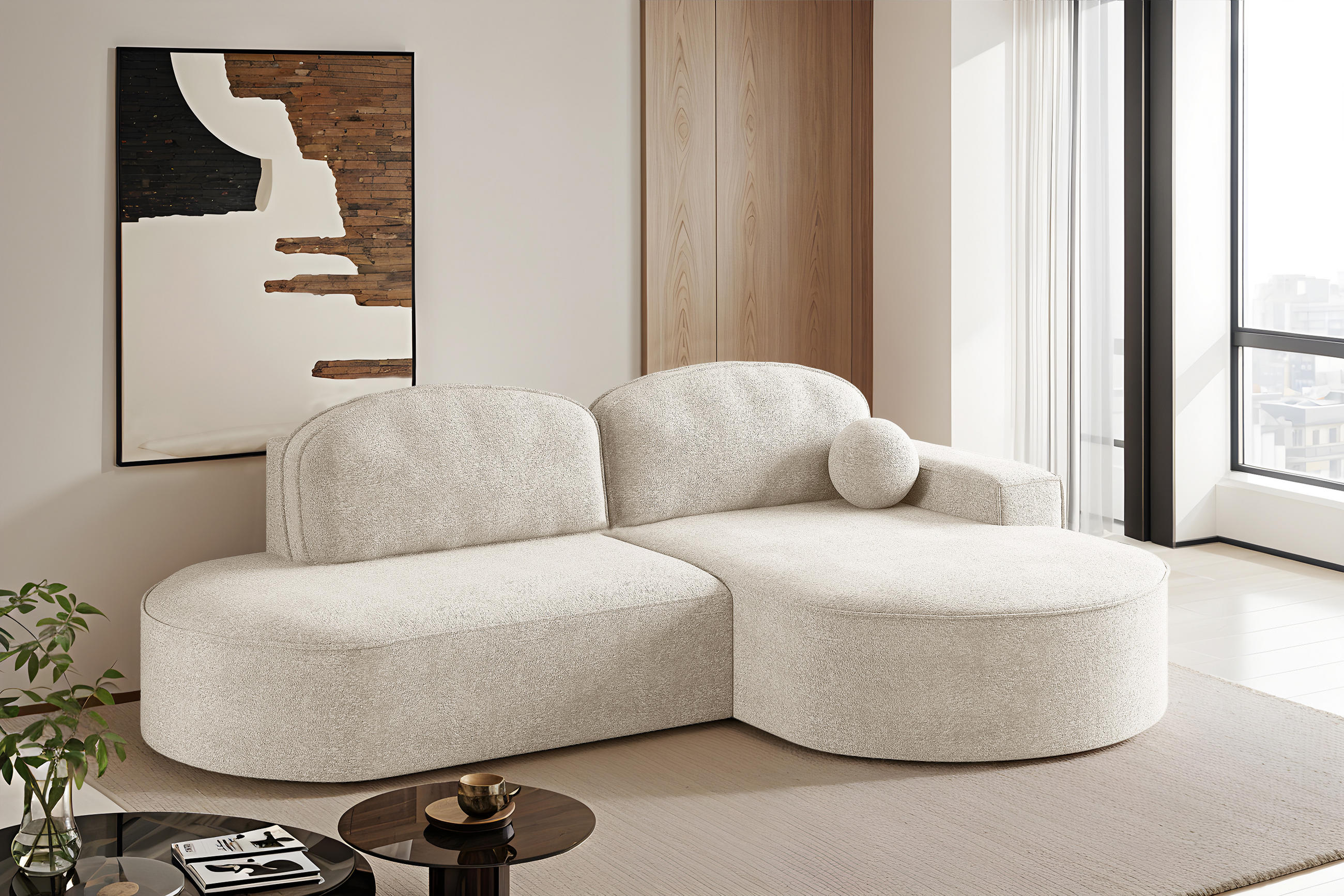 ECKSOFA mit Schlaffunktion und Bettkasten Modena Runden stoff Arena Ecru Rechts - Ecru, Holz (278/179cm) - Kaiser Möbel
