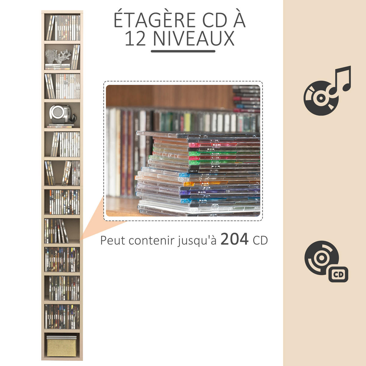 CD-REGAL DE-14391 12 Fächer, 204 CDs Kapazität Naturholz - Beige, Holzwerkstoff (20/175/21cm) - ComfortXL