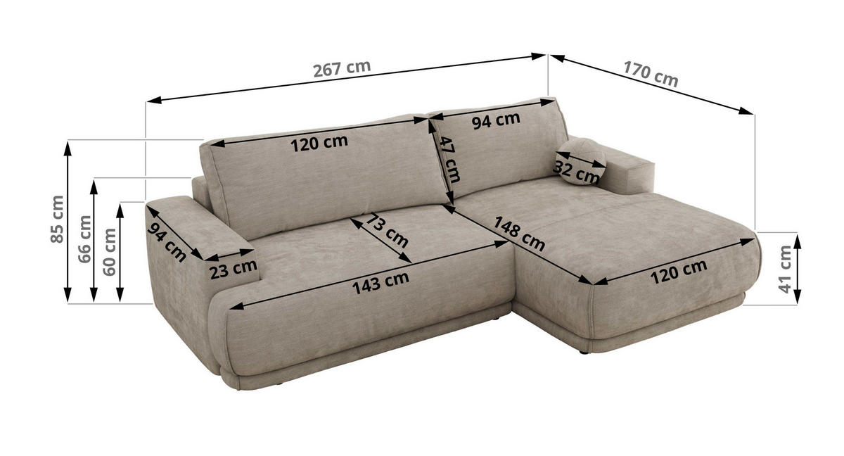 ECKSCHLAFSOFA RINA L Hellgrau Schenille glatt - rechts - Hellgrau/Schwarz, Kunststoff/Textil (170/267cm) - MKS