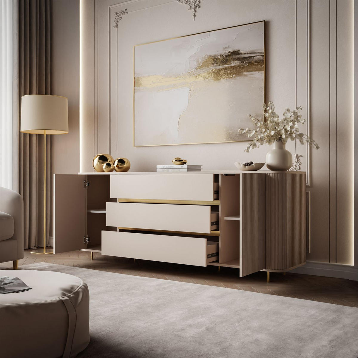 KOMMODE MIRAGE GOLD 2D3S mit geriffelten Seiten und goldenen Details - Beige, Holzwerkstoff (180/73/40cm) - Lookway