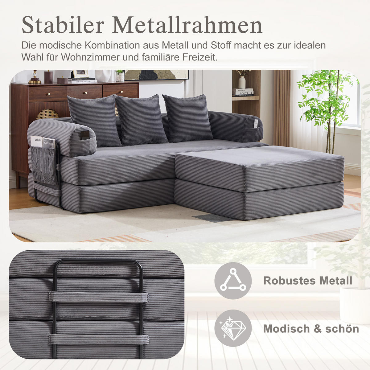 ECKSOFA Cord Dunkelgrau mit Hocker, Kissen und Seitentasche - Dunkelgrau, Textil/Metall (218/285cm) - WISHDOR