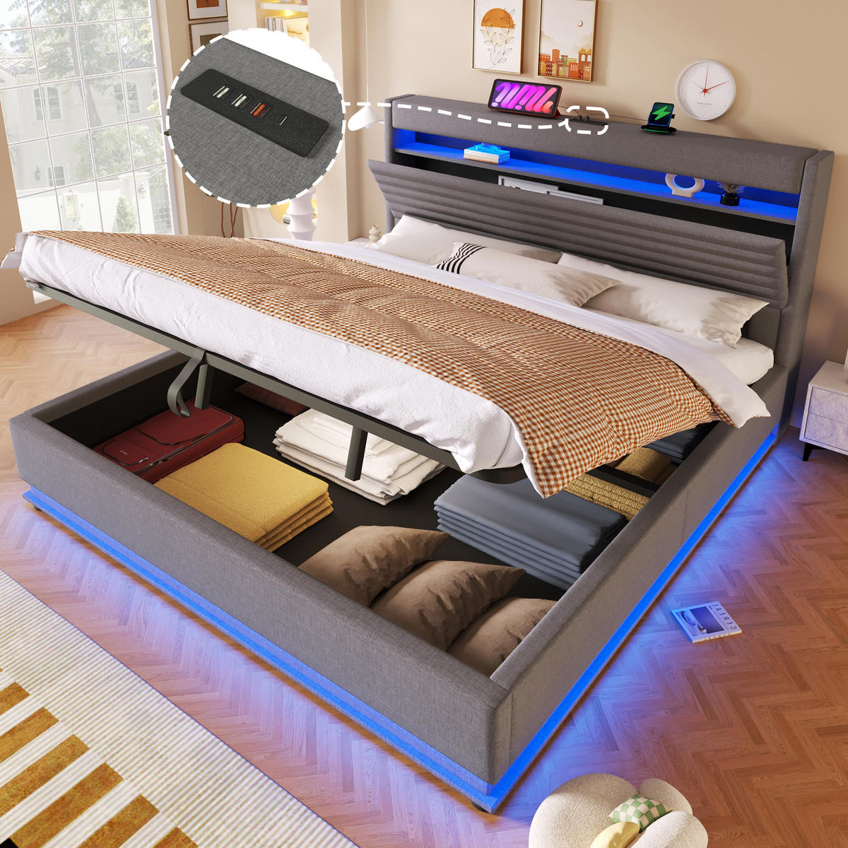 POLSTERBETT 180/200 cm Grau mit USB-Typ-C-Anschluss, LED-Beleuchtung und Ablagefach - Grau, Textil (180/200cm) - Oxeza