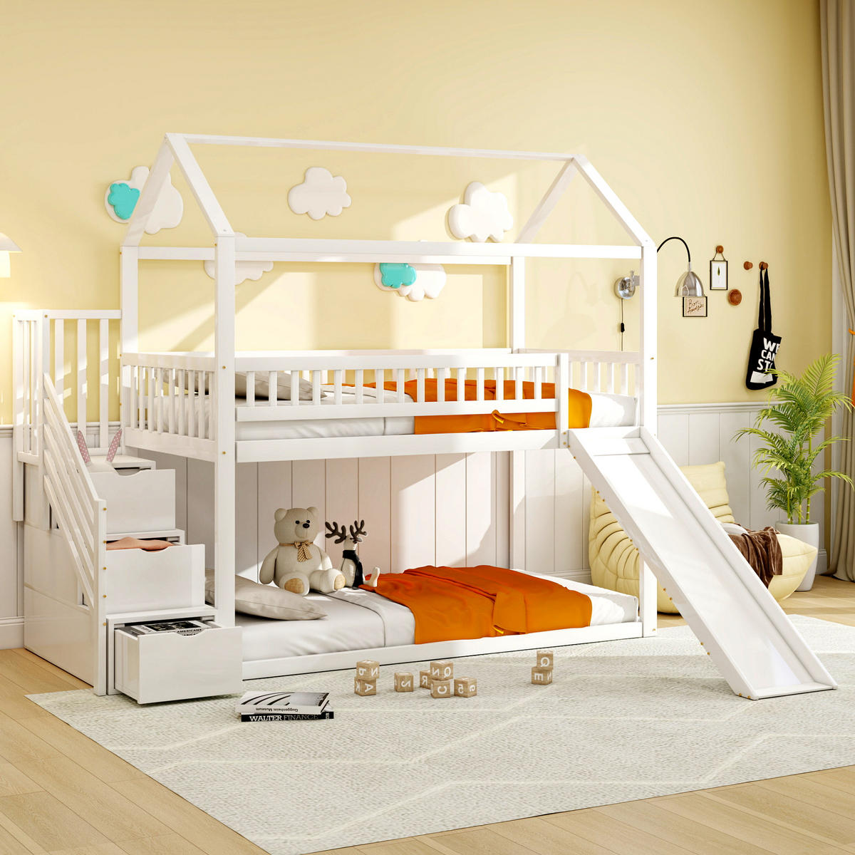 HOCHBETT 90/200 cm mit Rutsche und Stauraumleiter, Massivholz, Weiß - Weiß, Holz (90/200cm) - OKWISH