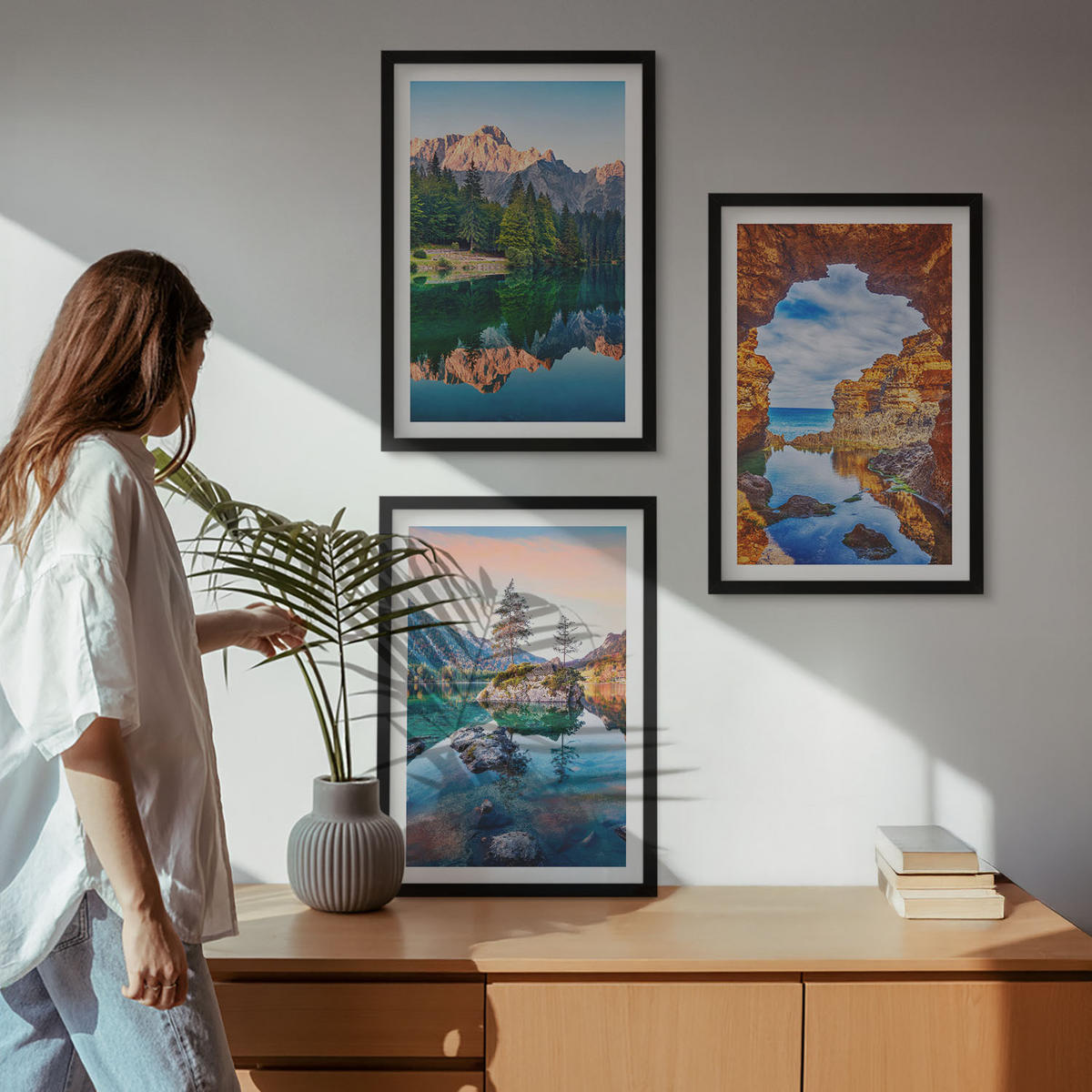 WANDBILDER 3er-Set - 40x60 cm Schwarzer Rahmen - Spiegelungen der Felsen in Bergseen - Schwarz, Kunststoff (40/60cm) - ArtPrintCave