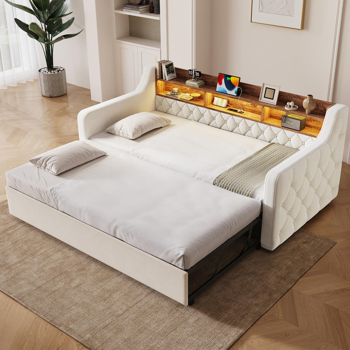 BETT 90/190 cm in Beige aus Samt mit Stauraum-Kopfteil, LED-Beleuchtung - Beige, Textil (90/190cm) - Flora Grace