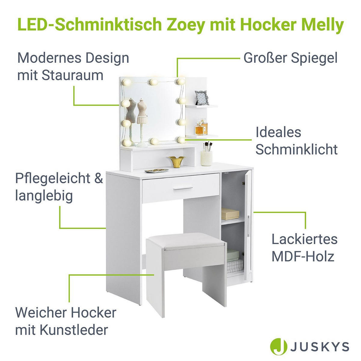 SCHMINKTISCH Zoey mit Schrank und Hocker Melly - Weiß, Holz (38/137/90cm) - Juskys