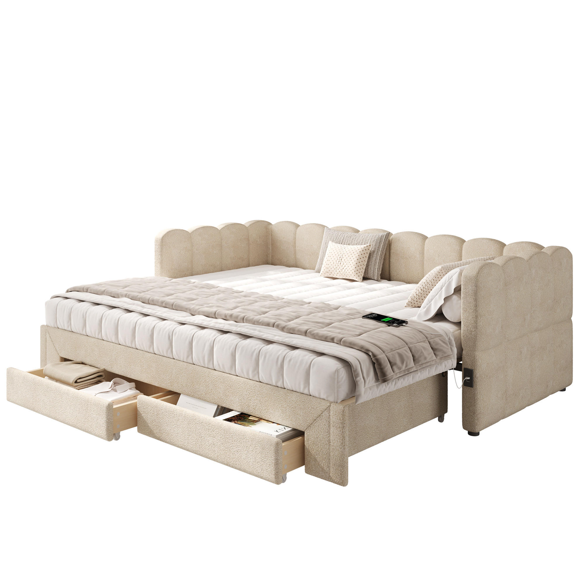 POLSTERBETT aus Chenille 90x200 cm in Beige mit Ausziehfunktion & USB - Beige, Textil (90/200cm) - Modfu