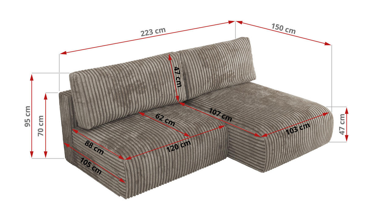 ECKSCHLAFSOFA VIVO L Hellbraun Cord - links - Hellbraun/Schwarz, Kunststoff/Textil (223/150cm) - MKS