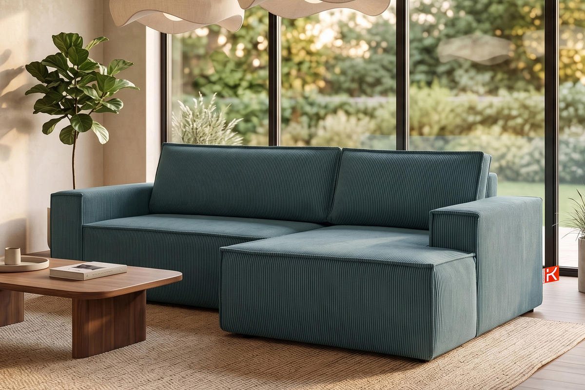 ECKSCHLAFSOFA-RECHTS NAPI in Pet Friendly Cord-Stoff, blau - Blau/Schwarz, Textil (262/148cm) - KONSIMO®