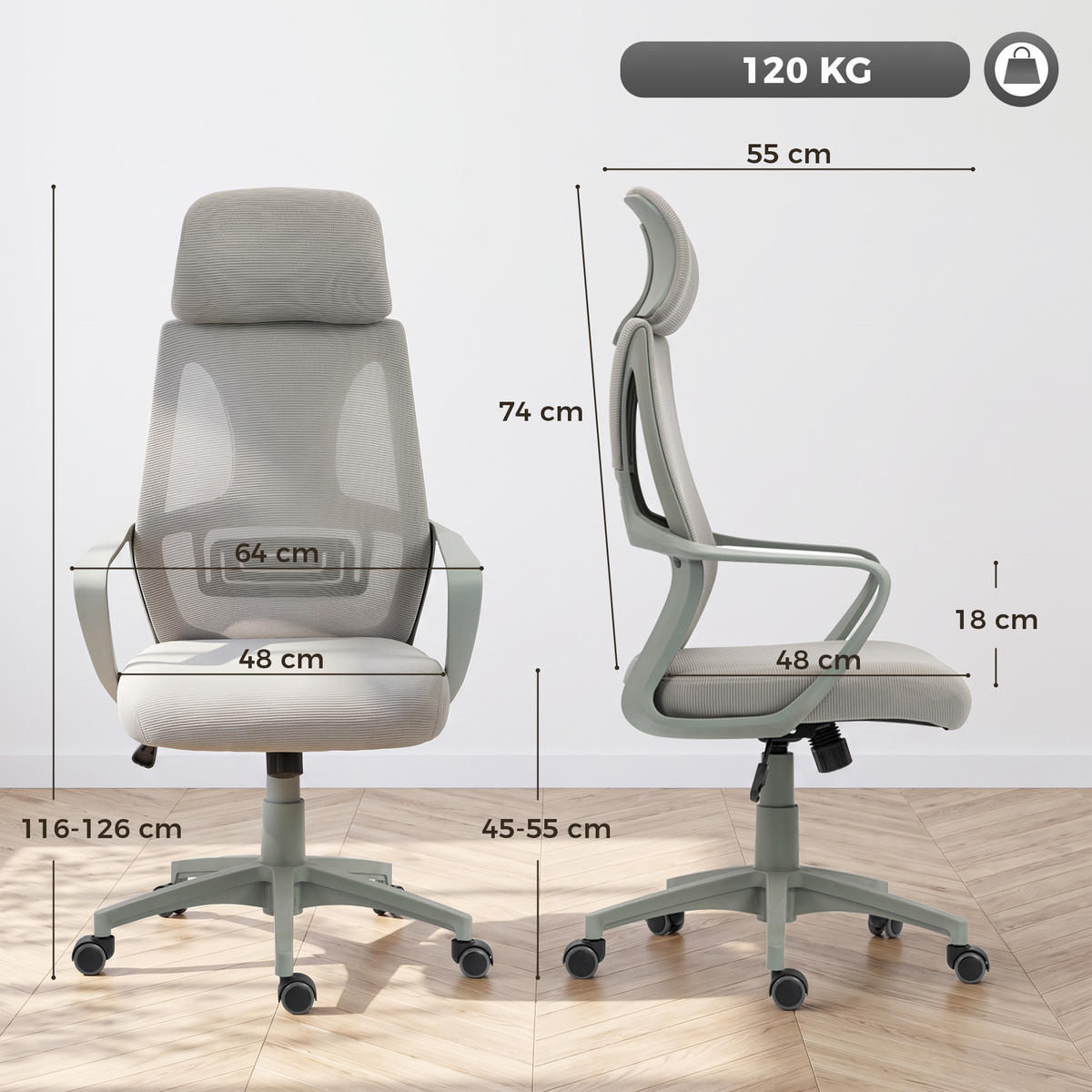 KONTORSSTOL i nätväv, grå - Grå, Textil/Plast (55/126/64cm) - Vinsetto