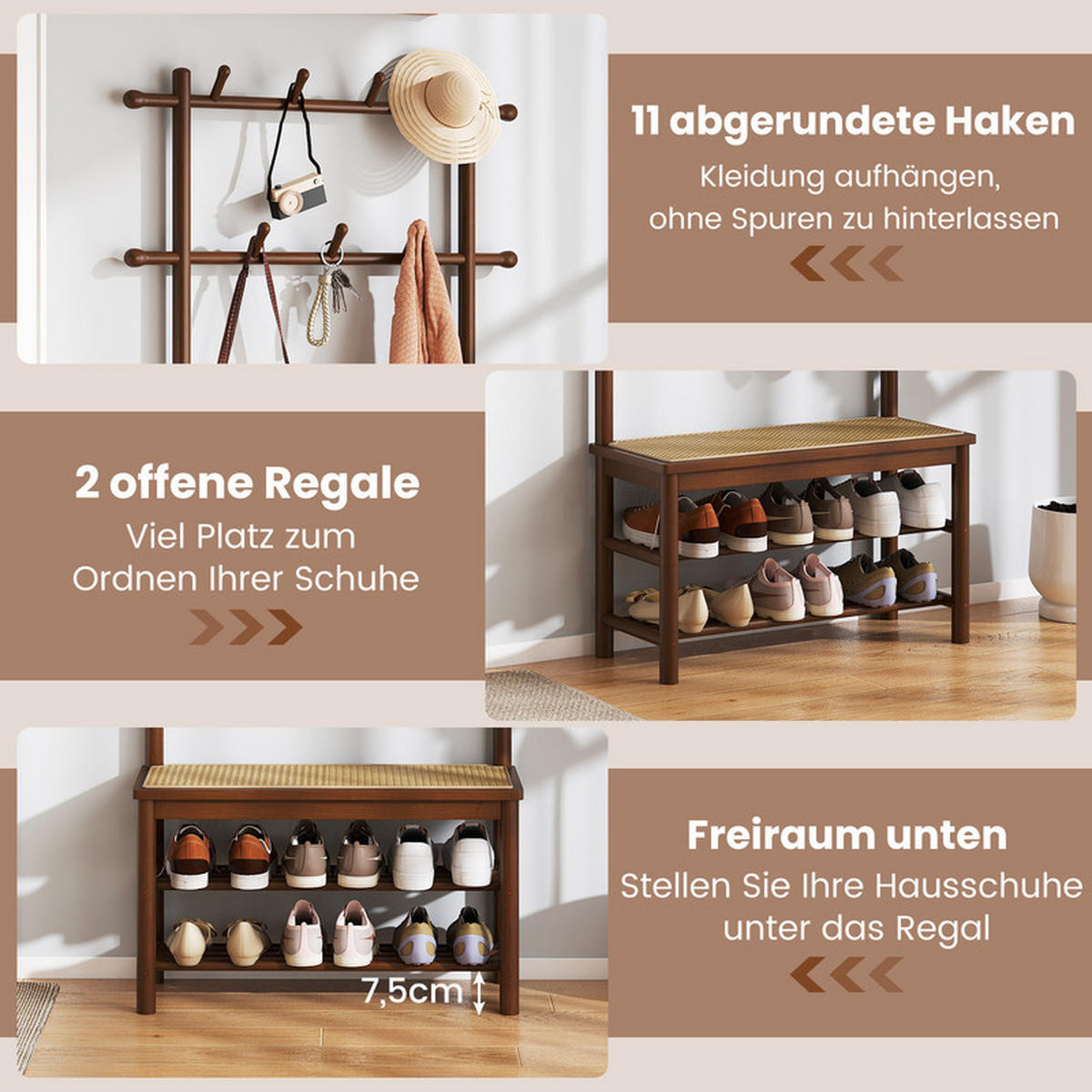 GARDEROBENSTÄNDER mit Schuhbank braun - Braun, Naturmaterialien (71/169.5/30cm) - COSTWAY