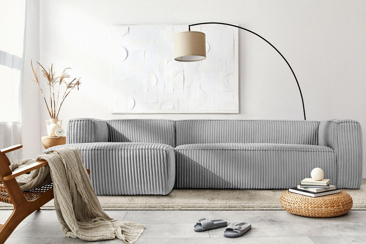 ECKSOFA-LINKS FEROX Modern, Cord-Stoff, hellgrau - Hellgrau, Textil (305/175cm) - KONSIMO®