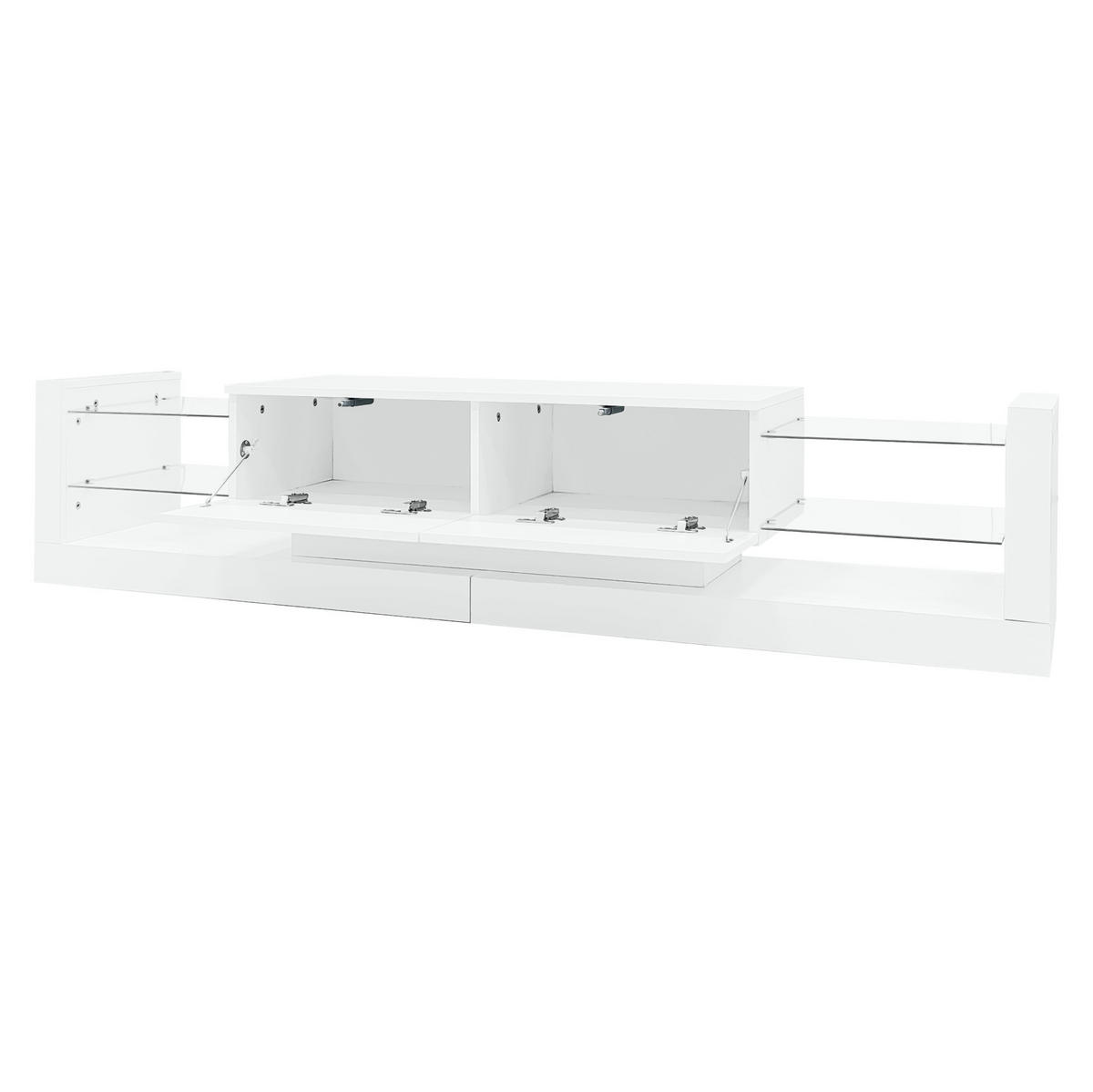 TV-LOWBOARD aus Spanplatte 181x38x38 cm Weiß mit LED-Beleuchtung, Glasfront und 2 Klappschubladen - Weiß, Holzwerkstoff (181/38/38cm) - IVMEU