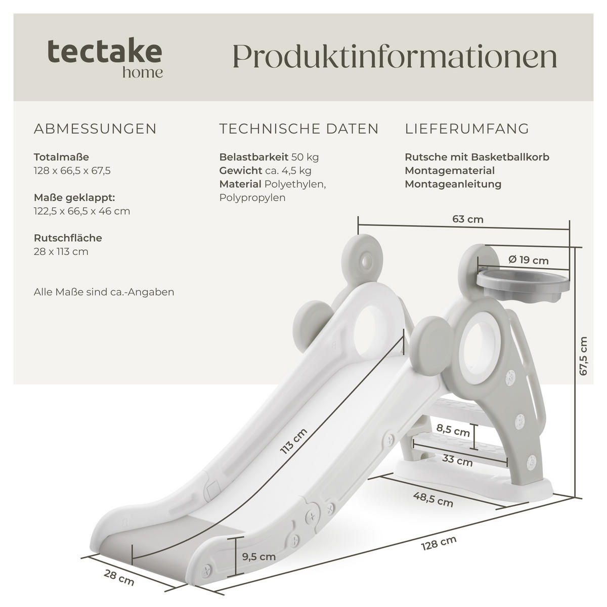 KINDERRUTSCHE Joy,Belastbarkeit 50 kg, 128 x 66,5 x 67,5 cm,grau - Grau, Kunststoff (66.5/67.5/128cm) - tectake