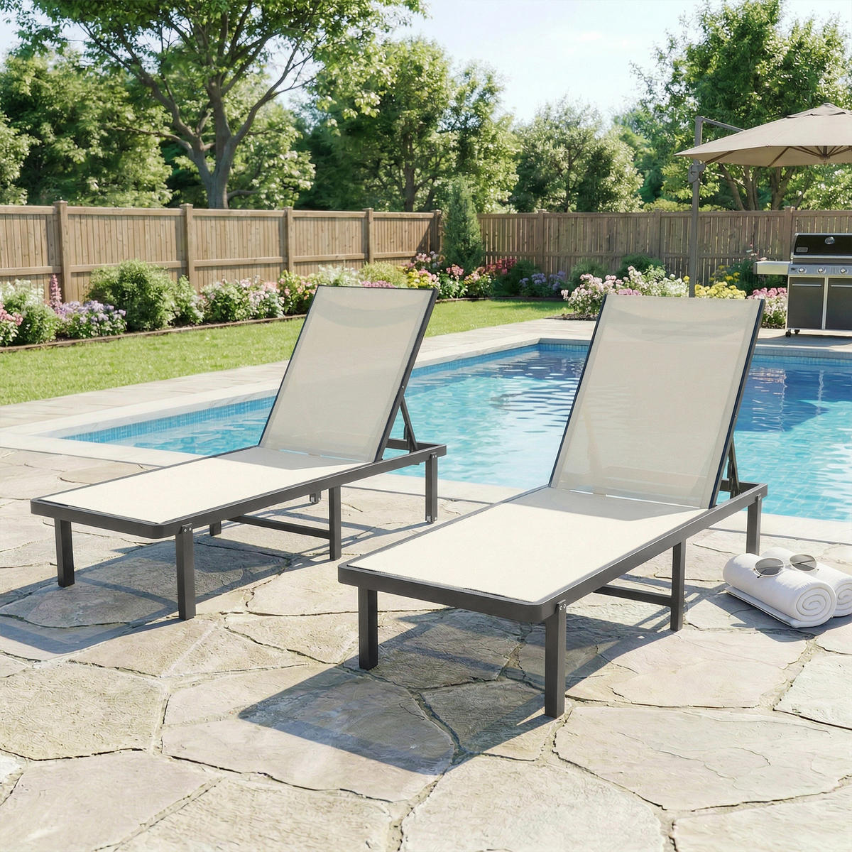 SONNENLIEGE Set aus 2 verstellbaren Sonnenliegen mit Rollen verstellbarer Rückenlehne ,4-stufig ，190*62*88 cm - Beige, Metall (62/88/190cm) - Vallsero