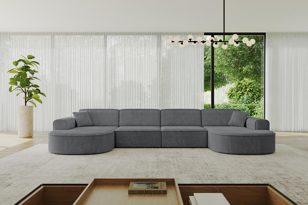 WOHNLANDSCHAFT MARI-U2 - 380x163x73,5 cm Dunkelgrau Cord - Dunkelgrau/Schwarz, Holzwerkstoff/Kunststoff (380/73.5/163cm) - ALTDECOR