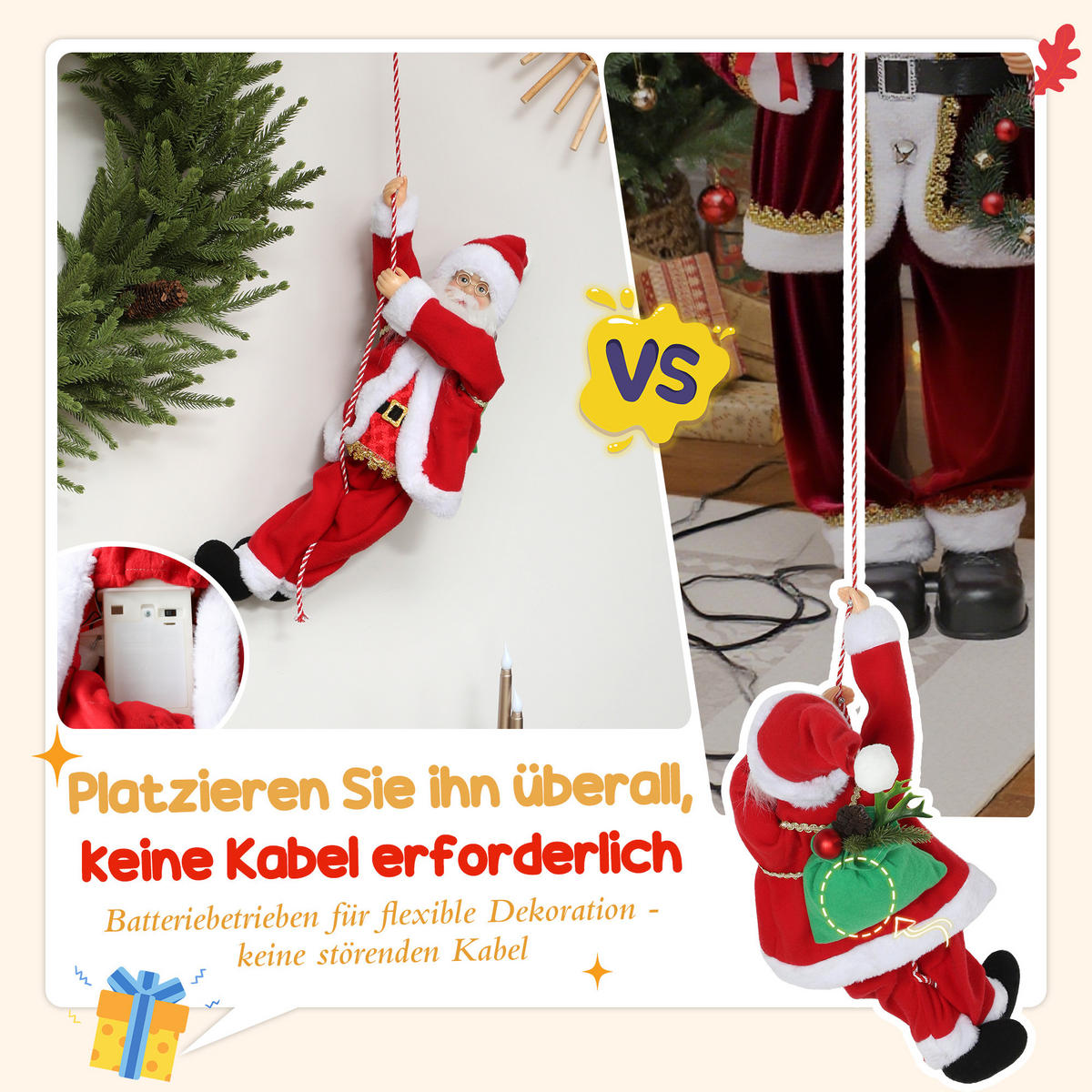 WEIHNACHTSMANN 60 cm Singend und Kletternd Weihnachtsmann mit Geschenk Seil - Rot, Textil (18/60/20cm) - HOMCOM
