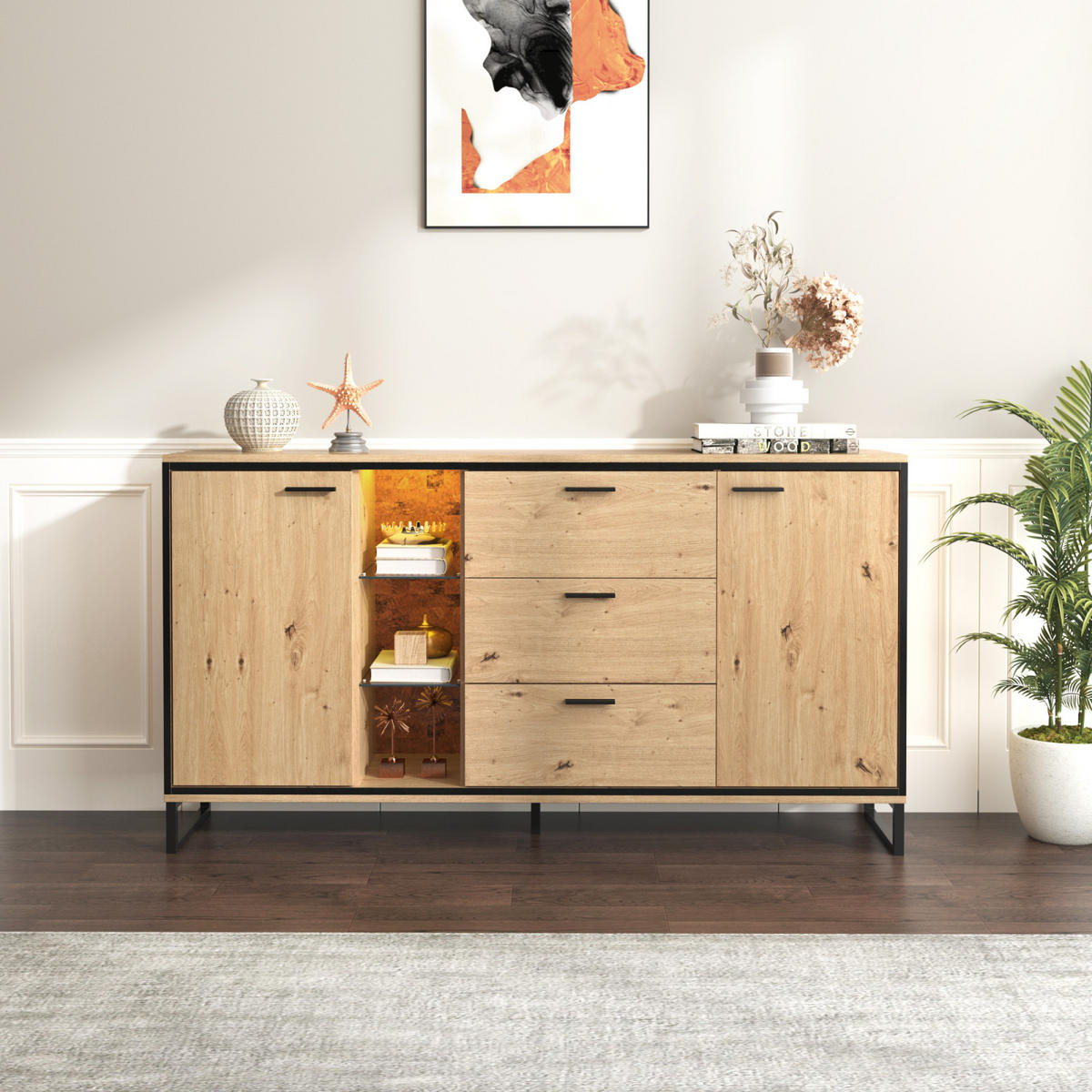 SIDEBOARD Naturfarben, 3 Schubladen, 2 Türen, verstellbarer Boden - Kastanienfarben, Holz (160/85/40cm)