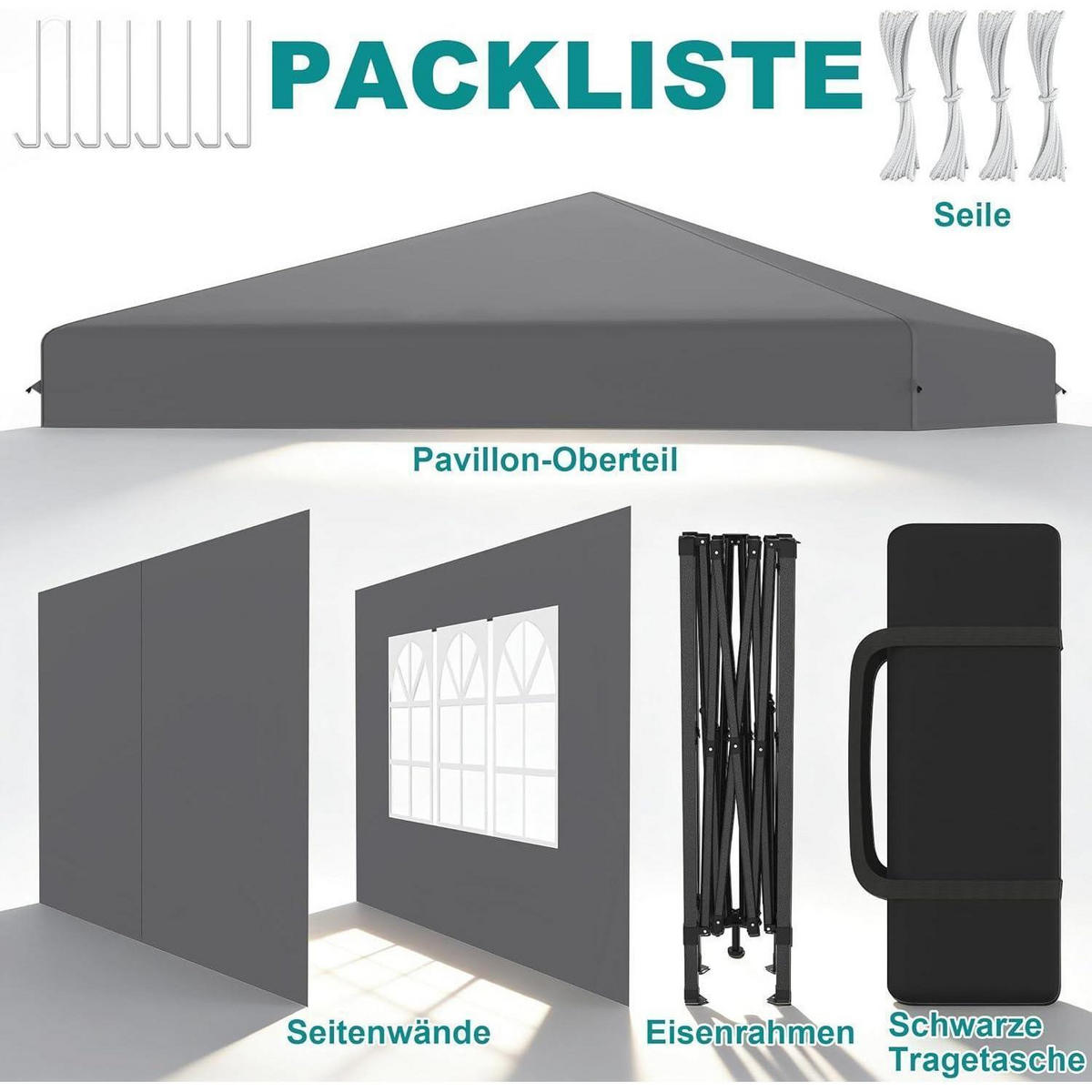 FALTPAVILLON 3x3 m mit Seitenwänden Silbergrau - Grau, Textil (300/260/300cm)