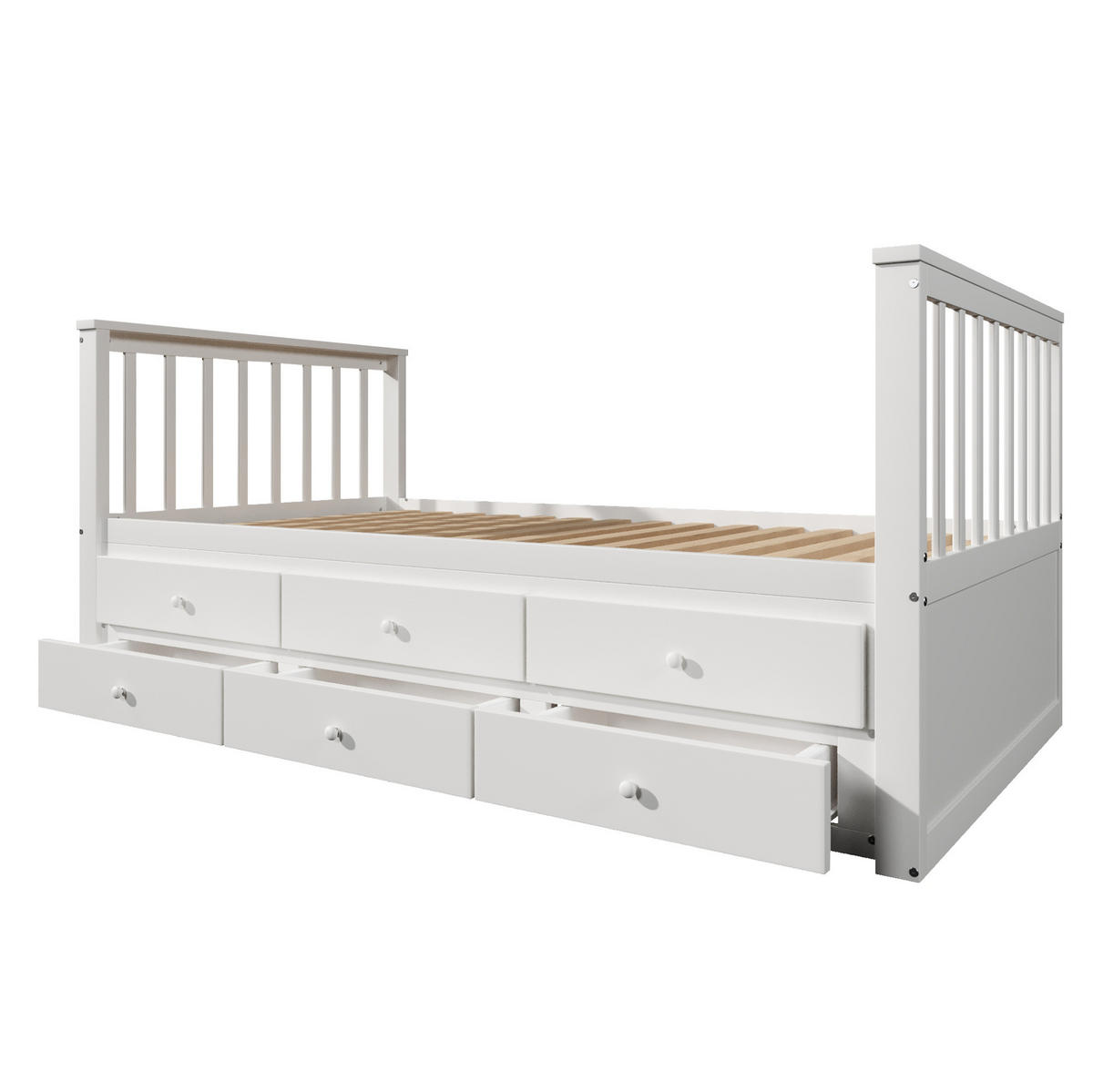 JEDNOLÔŽKOVÁ posteľ 90/200 cm biela z borovicového dreva a MDF s výsuvným lôžkom a 3 zásuvkami - biela, kompozitné drevo (90/200cm) - OKWISH