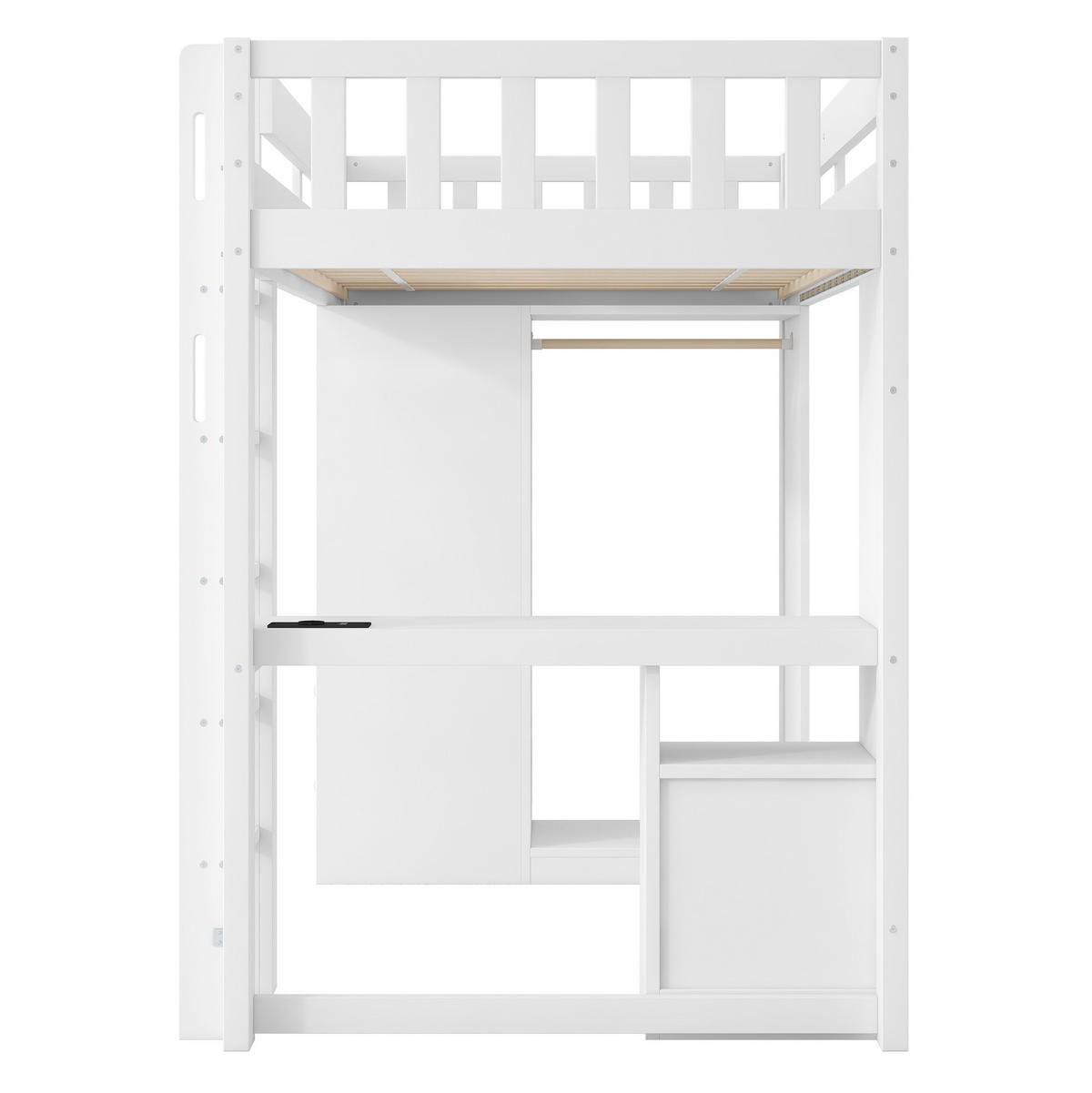 HOCHBETT 90/200 cm aus Kiefernholz und MDF mit Schreibtisch, 4 Schubladen, offenem Kleiderschrank und LED Weiß - Weiß, Holz (90/200cm) - Modenvie