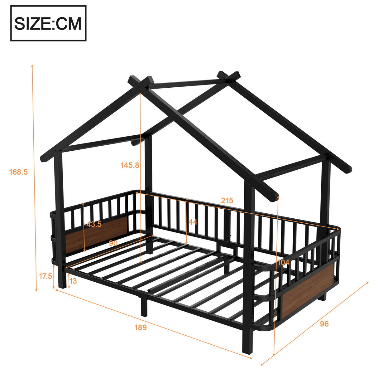 KINDERBETT Hausdesign 90/200 cm Schwarz aus Metall mit Sicherheitsgitter ohne Matratze - Schwarz, Metall (90/200cm) - MIVRAY