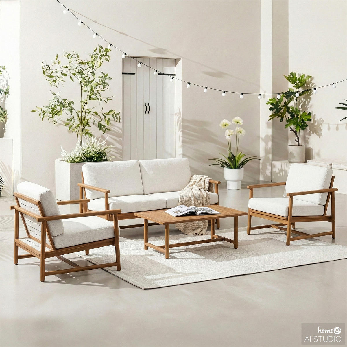 LOUNGEGRUPPE - 4-teilig - Akazie massiv / Webstoff - Akazie Braun / Creme - Creme/Akaziefarben, Holz/Kunststoff - home24