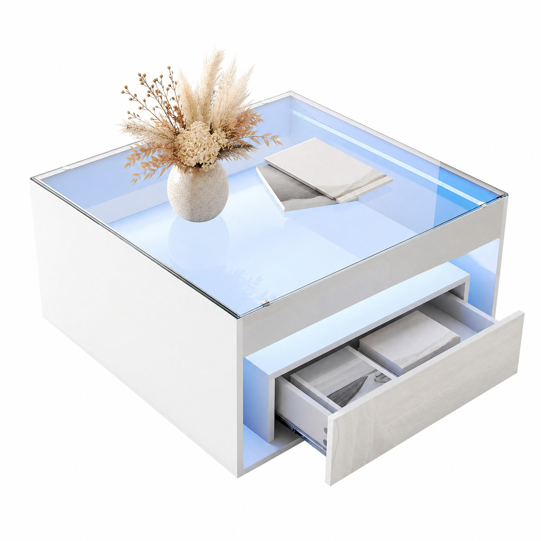 COUCHTISCH in Weiß Kaffeetisch mit 2 Schubladen, LED & gehärtetem Glas, Hochglanz, für Wohnzimmer, B70/T70/H35cm - Weiß, Glas/Holzwerkstoff (70/70/35cm) - STILVORA
