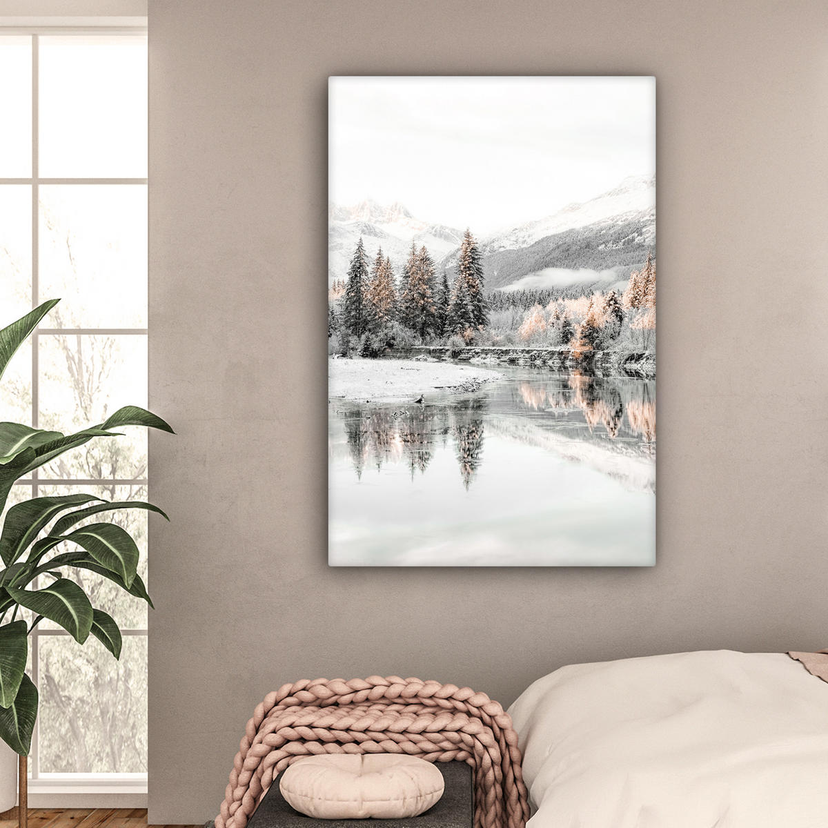 LEINWANDBILD Natur - Winter - Bäume - Berge - Schnee 90x140 cm - Weiß Hochglanz, Textil (90/140cm) - MuchoWow
