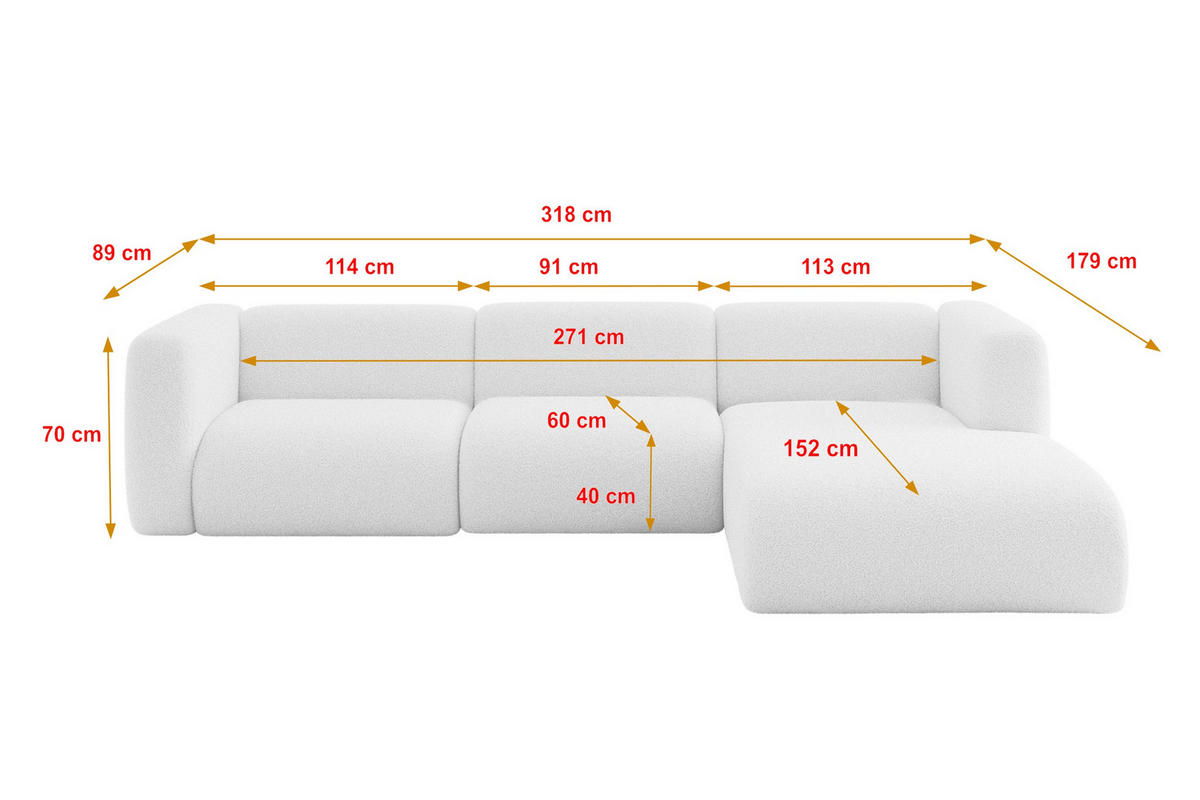 ECKSOFA Ottomane Rechts MIRA-L2 318x179x89 Weiß Bouclé - Schwarz/Weiß, Holzwerkstoff/Kunststoff (318/179cm) - ALTDECOR