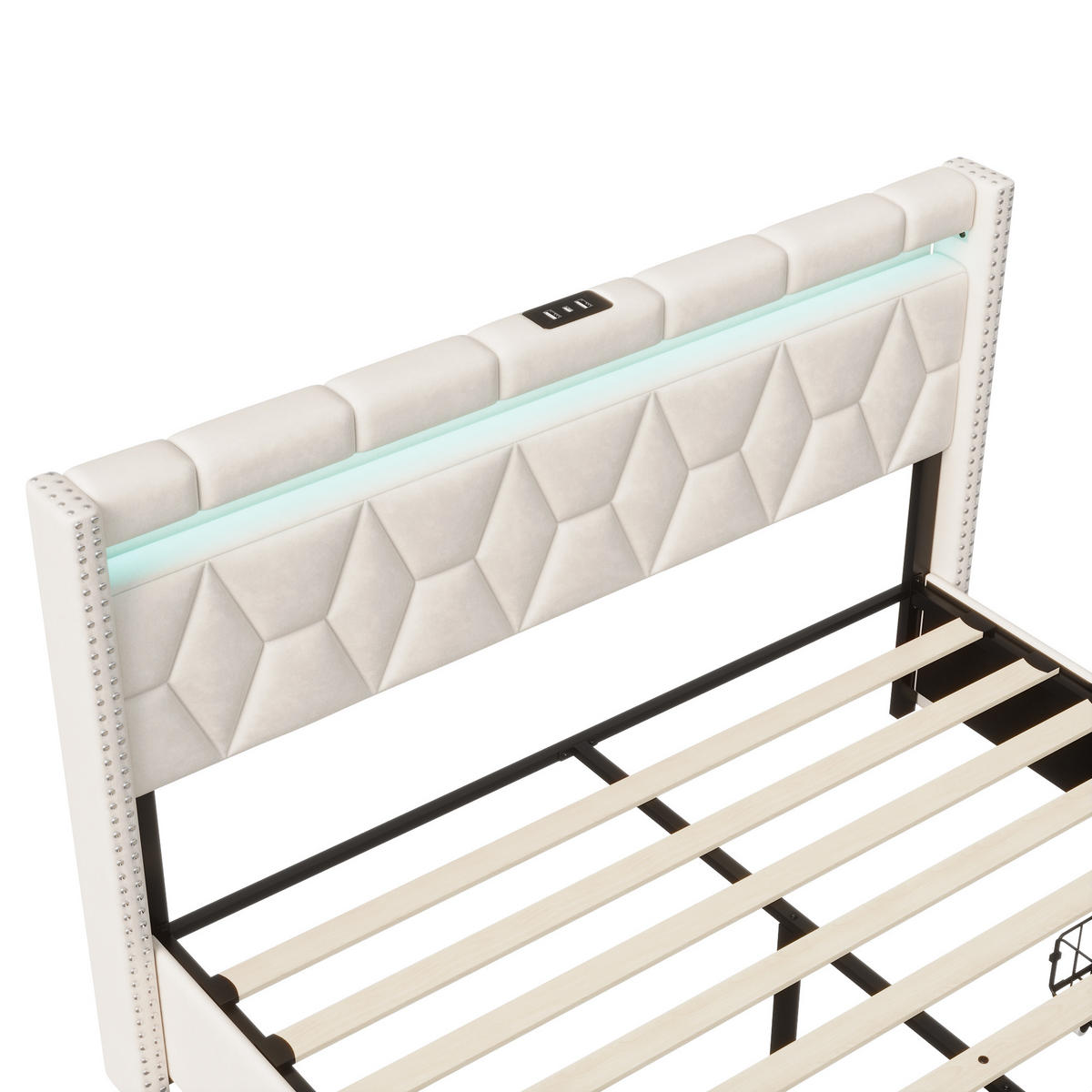 POLSTERBETT 140x200 cm, Beige, LED-Beleuchtung und 4 Schubladen - Beige, Textil/Metall (140/200cm)