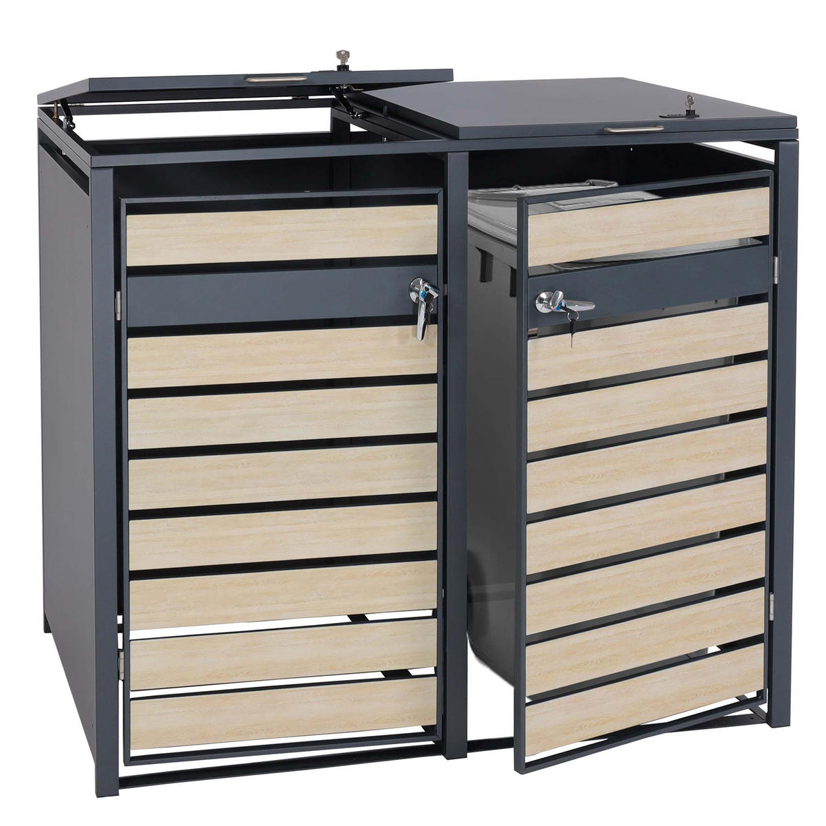 MÜLLTONNENBOX 2er 117x132x80cm Anthrazit Buche-Holzoptik Hellbraun - Hellbraun, Metall (132/117/80cm) - PROREGAL