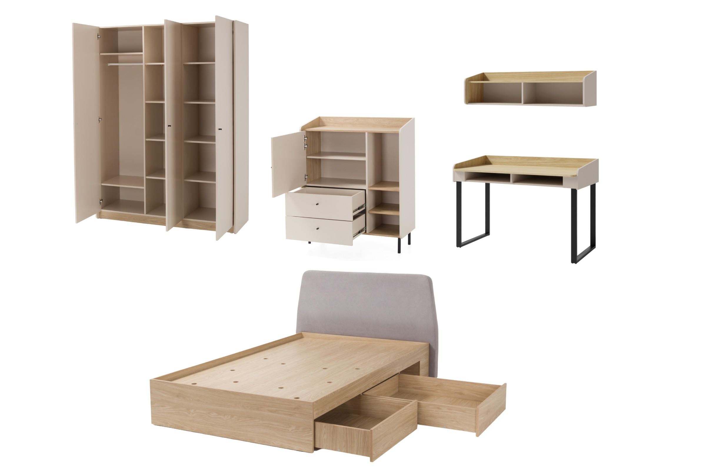JUGENDZIMMER ALBI 2 in Sandbeige / Geölte Eiche 5-teilig - Eichefarben/Beige, Holzwerkstoff (607/195/137cm) - Deine Möbel 24