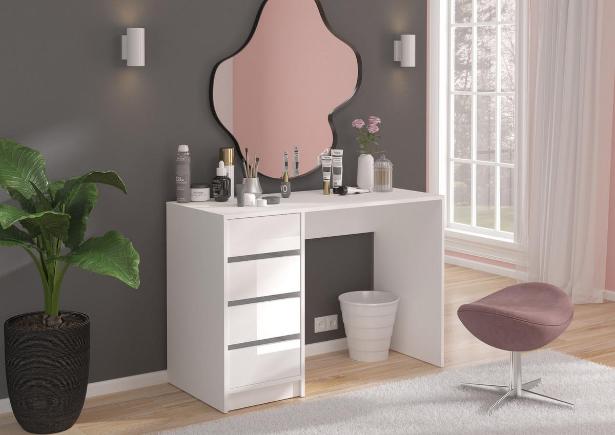 SCHMINKTISCH Emma Schminktisch in weiß Nachbildung und weiß hochglanz B/H/T: 110x75x48 cm - Weiß, Holzwerkstoff (110/75/48cm)