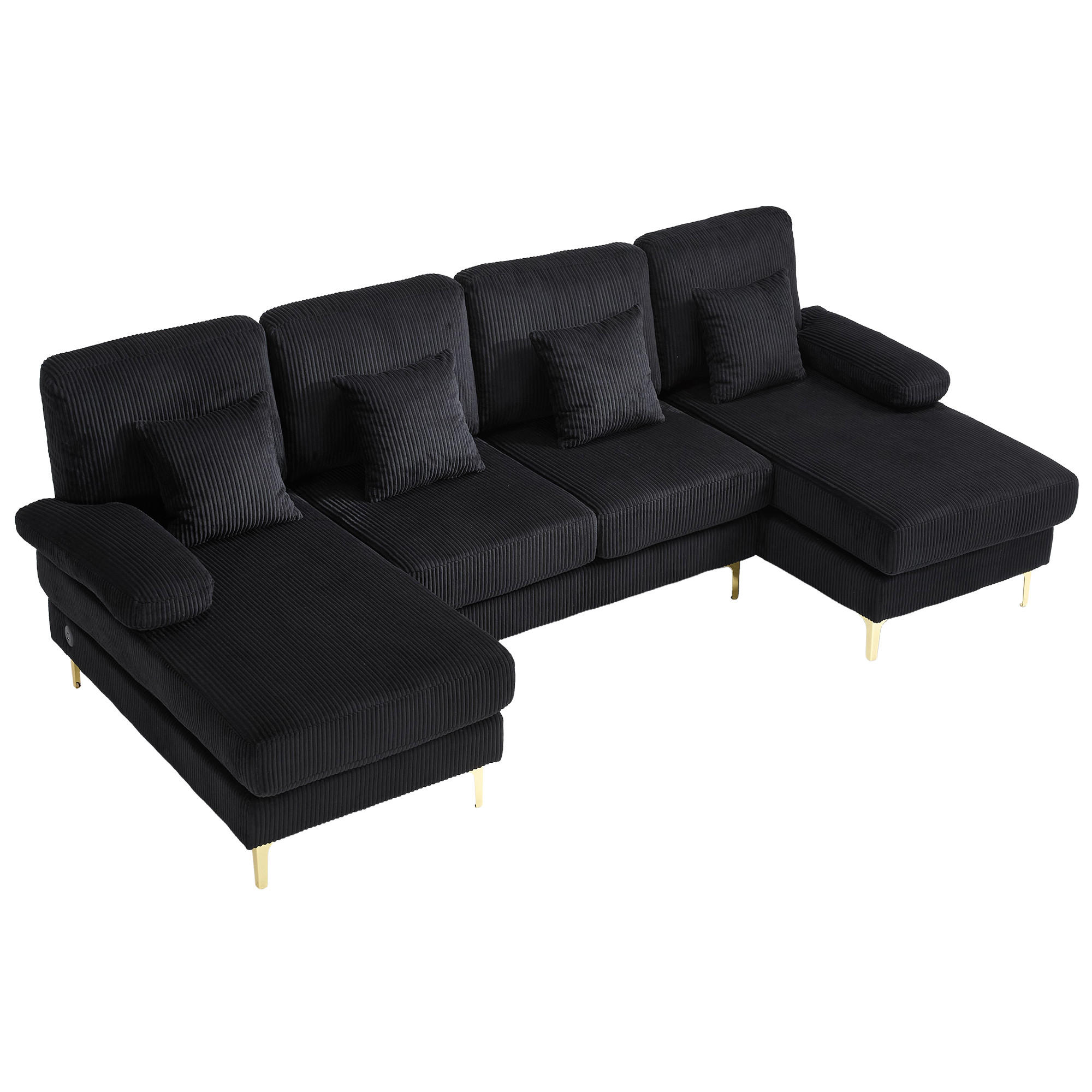 U-SOFA Wohnlandschaft Samt mit LED-Beleuchtung und USB-Anschluss 265/135/88 cm Schwarz - Schwarz, Textil (135/88/265cm) - Redom