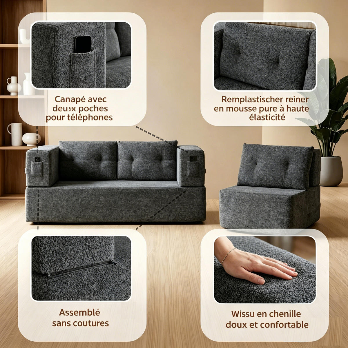 SCHLAFSOFA 199/194/39 cm aus Stoff mit klappbarem Sessel und Schlaffunktion Dunkelgrau - Dunkelgrau, Textil (194/39/199cm) - Modenvie
