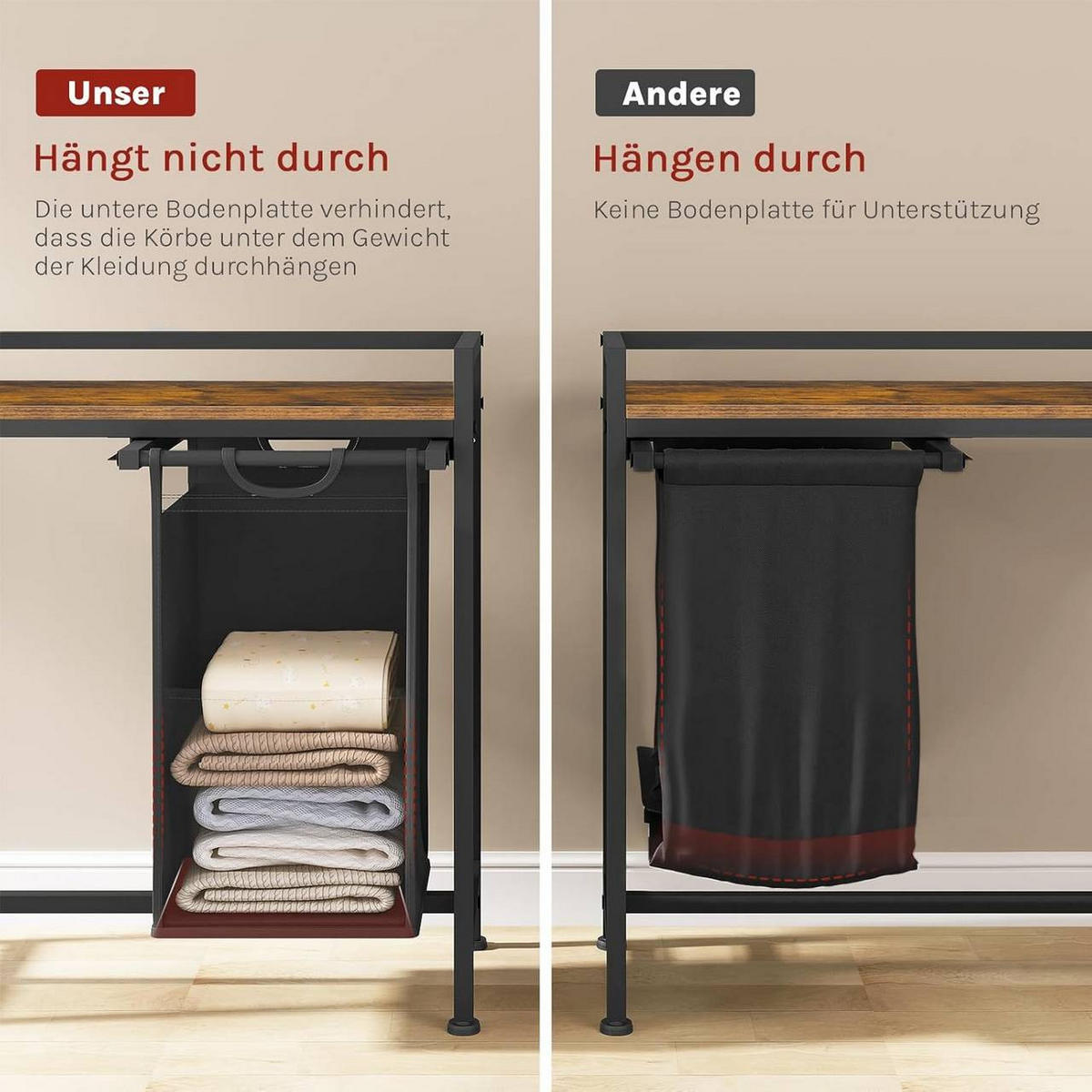 WÄSCHEKORB 2 Fächer, jedes 40 L, Schwarz+Vintagebraun - Dunkelbraun/Schwarz, Holzwerkstoff/Textil (70/71/30cm) - Woltu