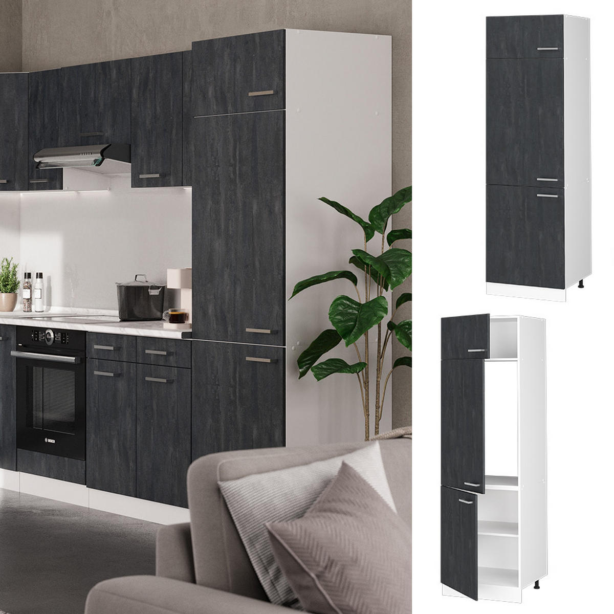 KÜHLUMBAUSCHRANK R-Line Schwarz Beton 60 cm - Schwarz/Weiß, Holzwerkstoff (60/206.8/57.2cm) - Vicco