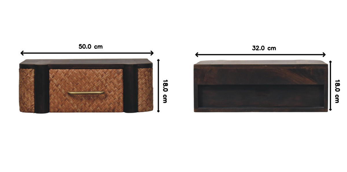 NACHTKASTEN Rattan Geschwungen Wandmontiert, 1 Schublade, Braun - Hellbraun/Messingfarben, Holz/Metall (50/18/32cm) - Artisan Furniture