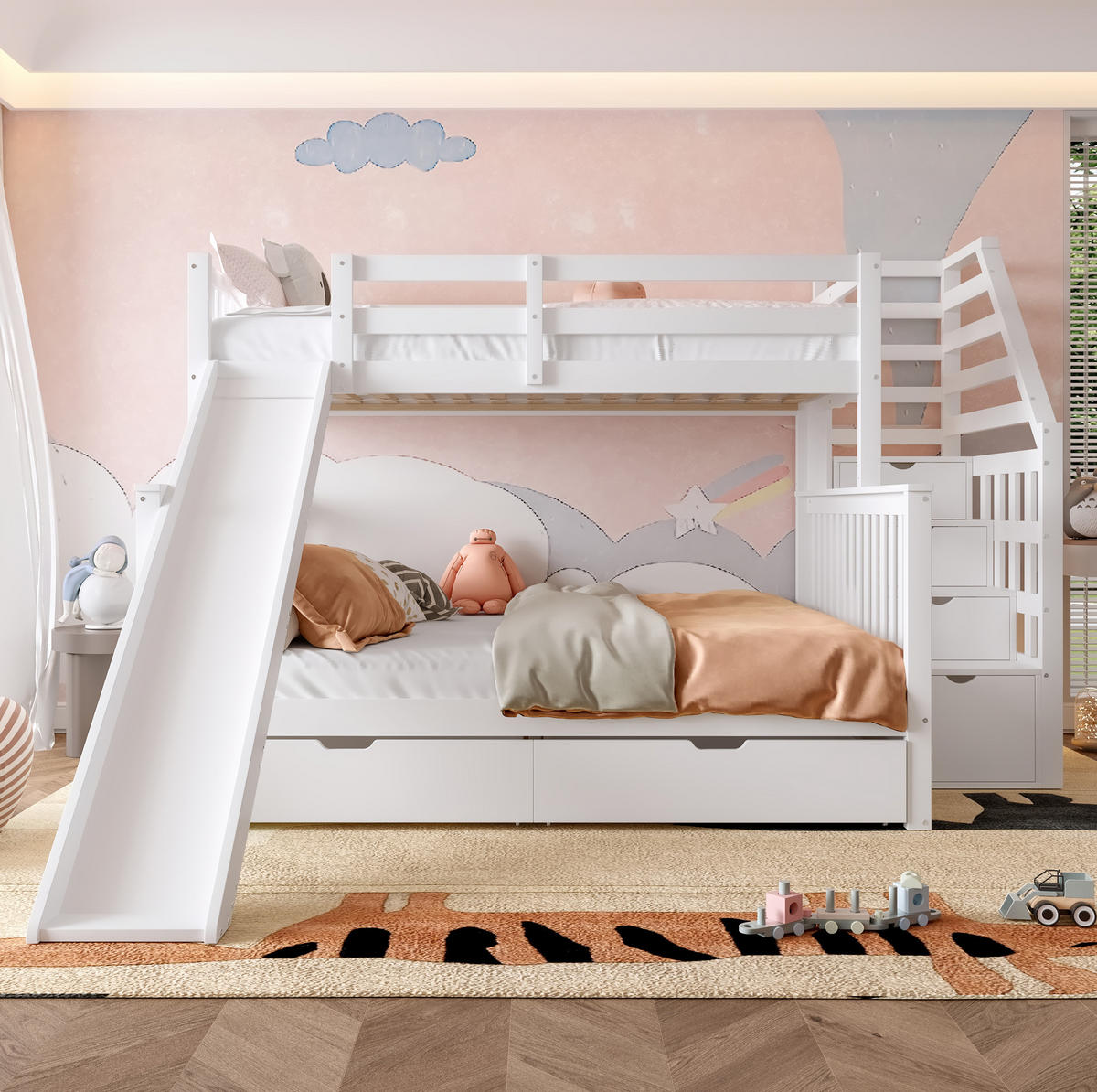 ETAGENBETT 90/200 cm und 140/200 cm Antique White mit Rutsche und Stauraum aus Kiefer - Weiß, Holzwerkstoff (90/200cm) - OKWISH