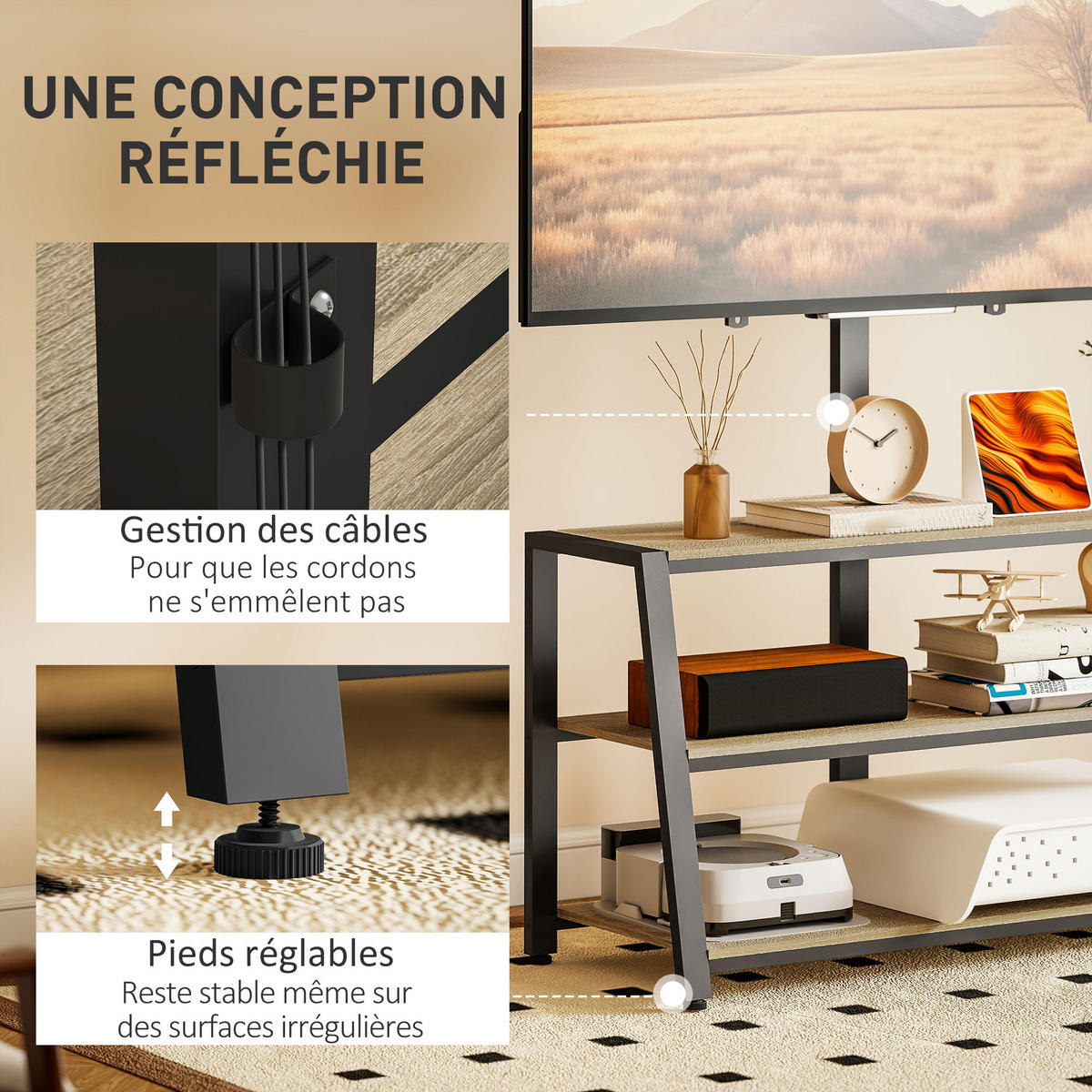 TV-SCHRANK Natur/Schwarz 108/41/135 cm, Schwenkbare Halterung, Offene Fächer, Holzoptik - Naturfarben, Holzwerkstoff (108/135/41cm) - PANGIVO
