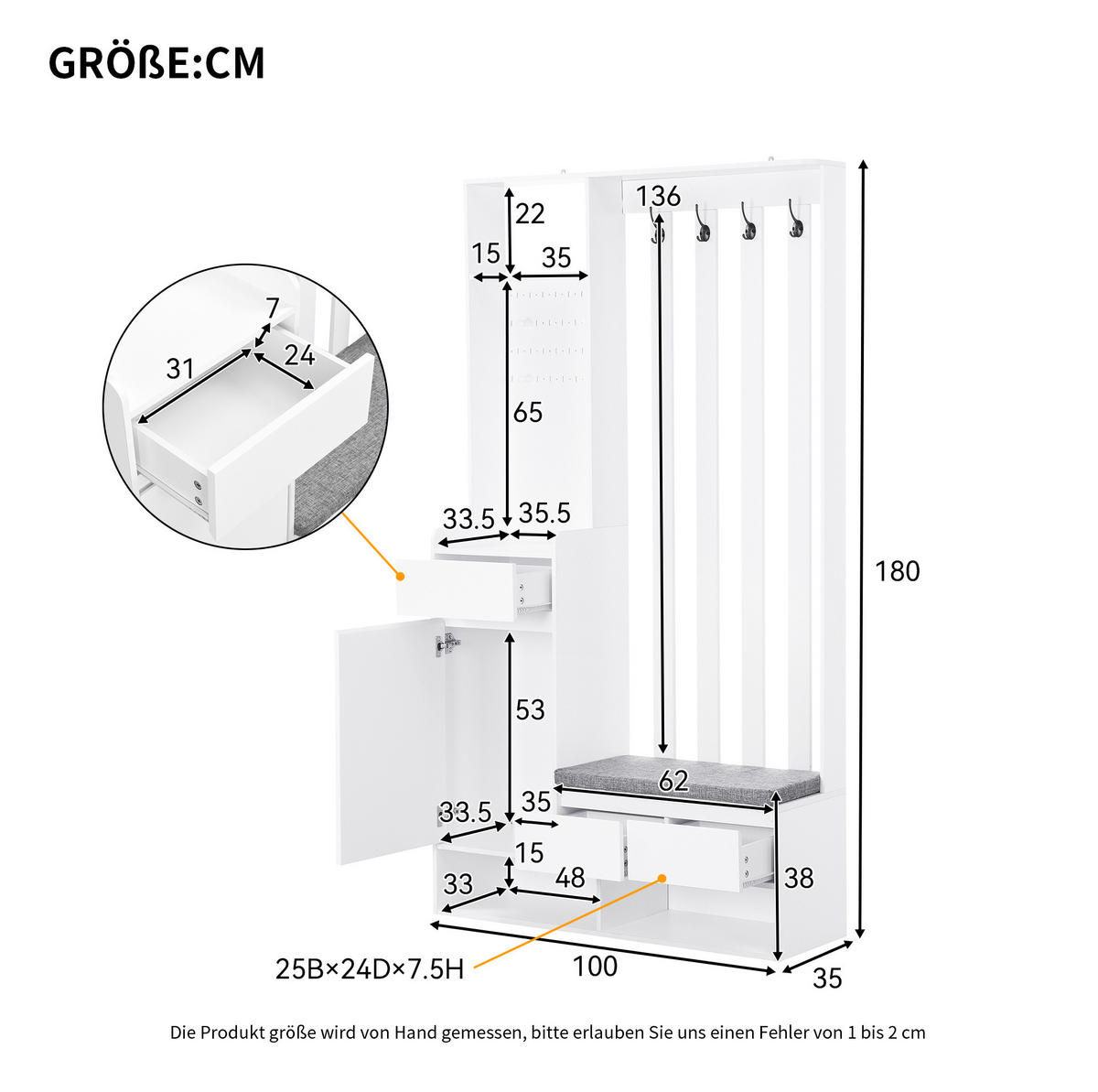 GARDEROBE 100/180/35 cm Weiß aus MDF mit Sitzbank - Weiß, Holzwerkstoff (35/180/100cm) - OKMYHOME