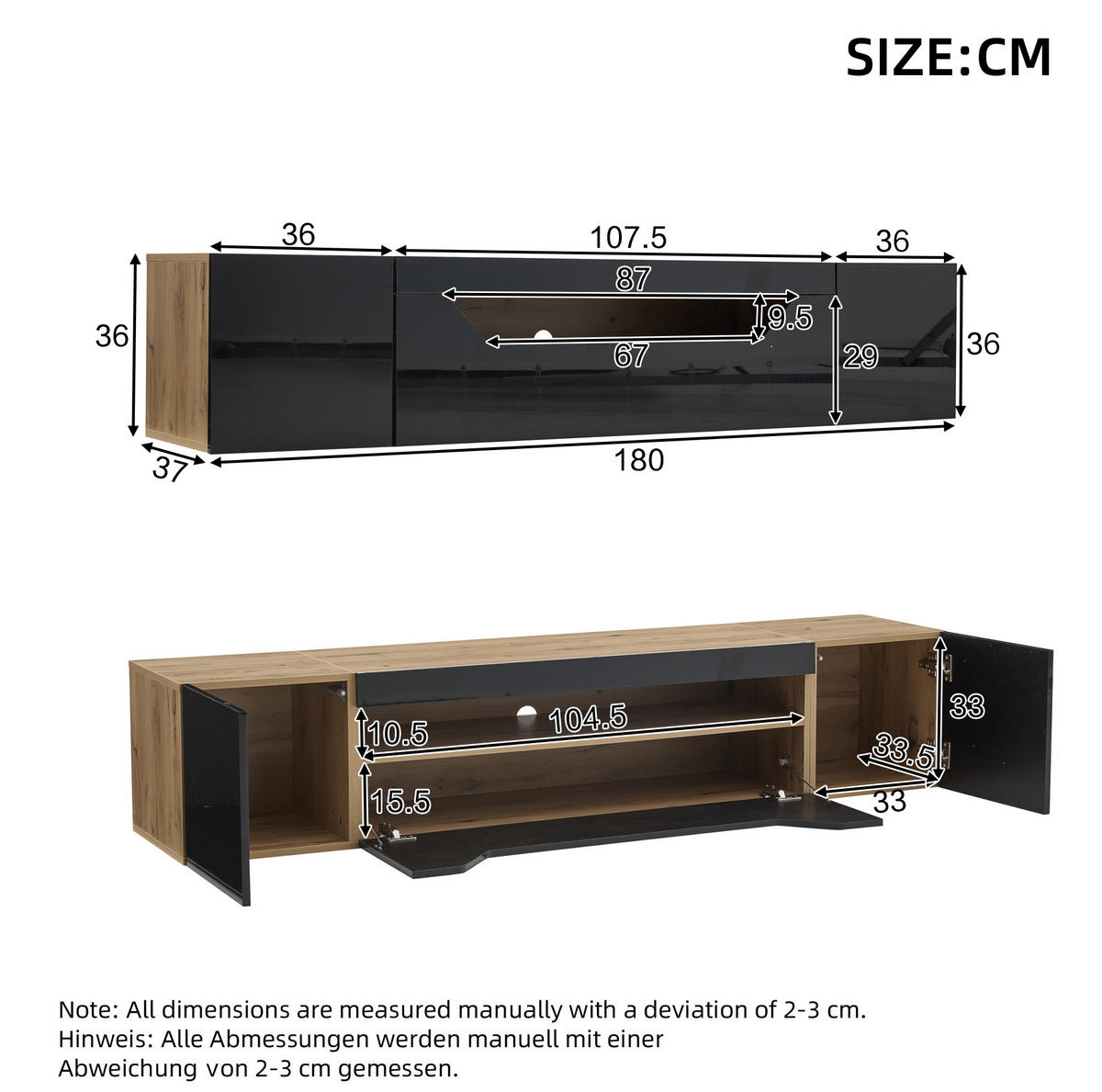 LOWBOARD 180/37/36 cm in Schwarz/Naturfarben aus Spanplatte mit LED-Beleuchtung - Schwarz, Holzwerkstoff (37/36/180cm) - OKMYHOME