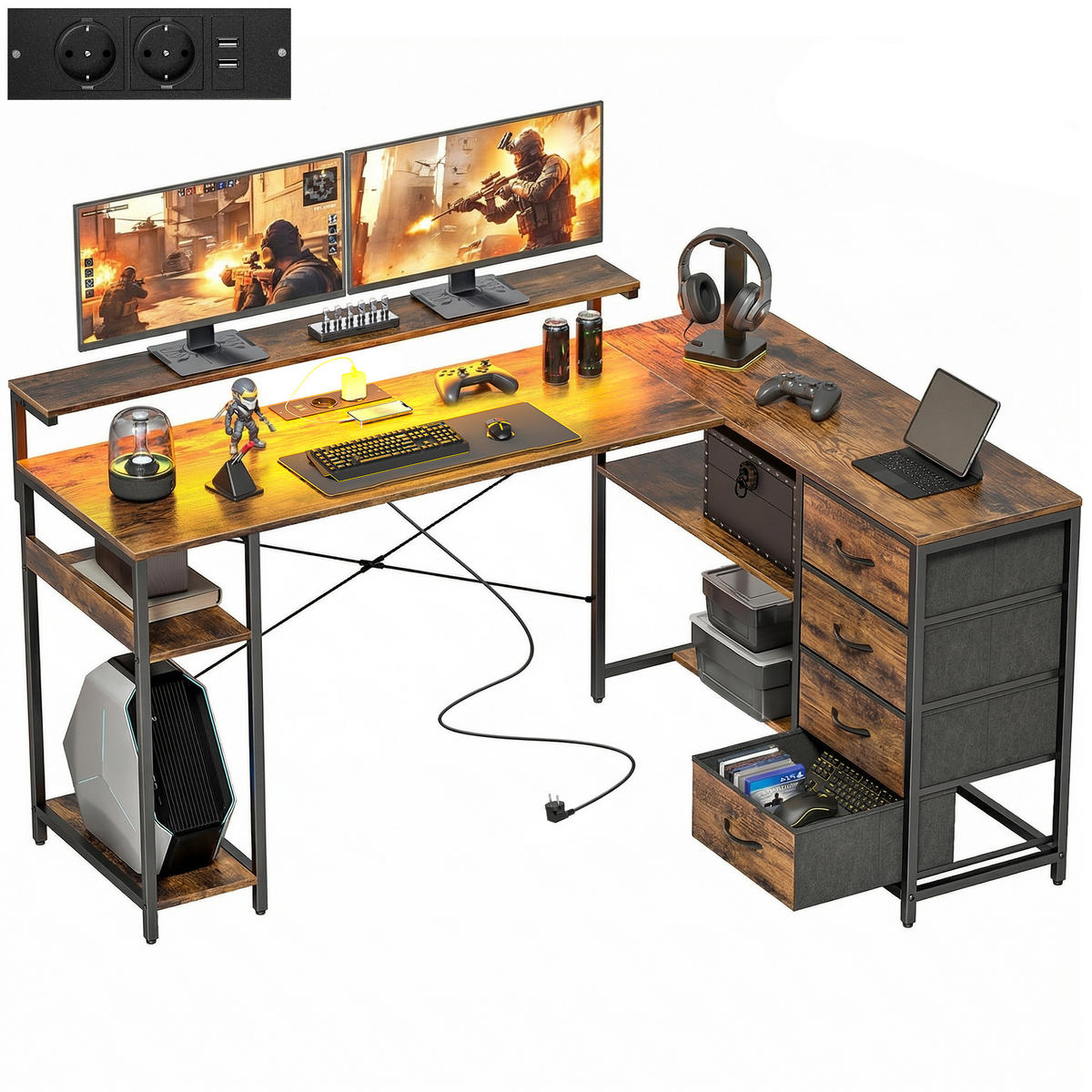 GAMINGTISCH DE-09150 mit Stromanschluss, Braun - Braun, Metall (155/110/91.4cm) - ComfortXL