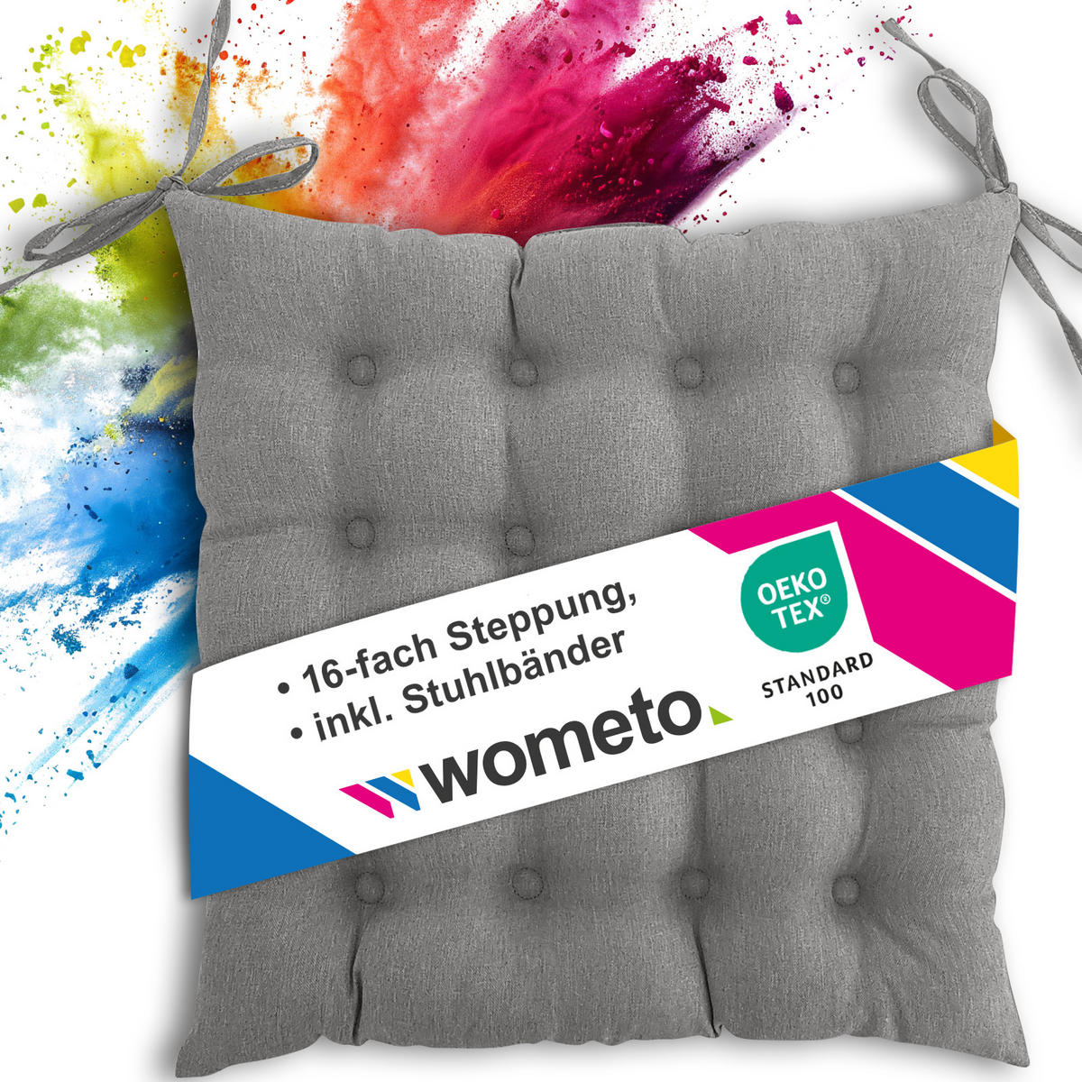 SITZKISSEN 16-Punkt grau 40/40 cm mit Steppung und Halte-Bändern - Grau, Textil (40/40/4cm) - wometo