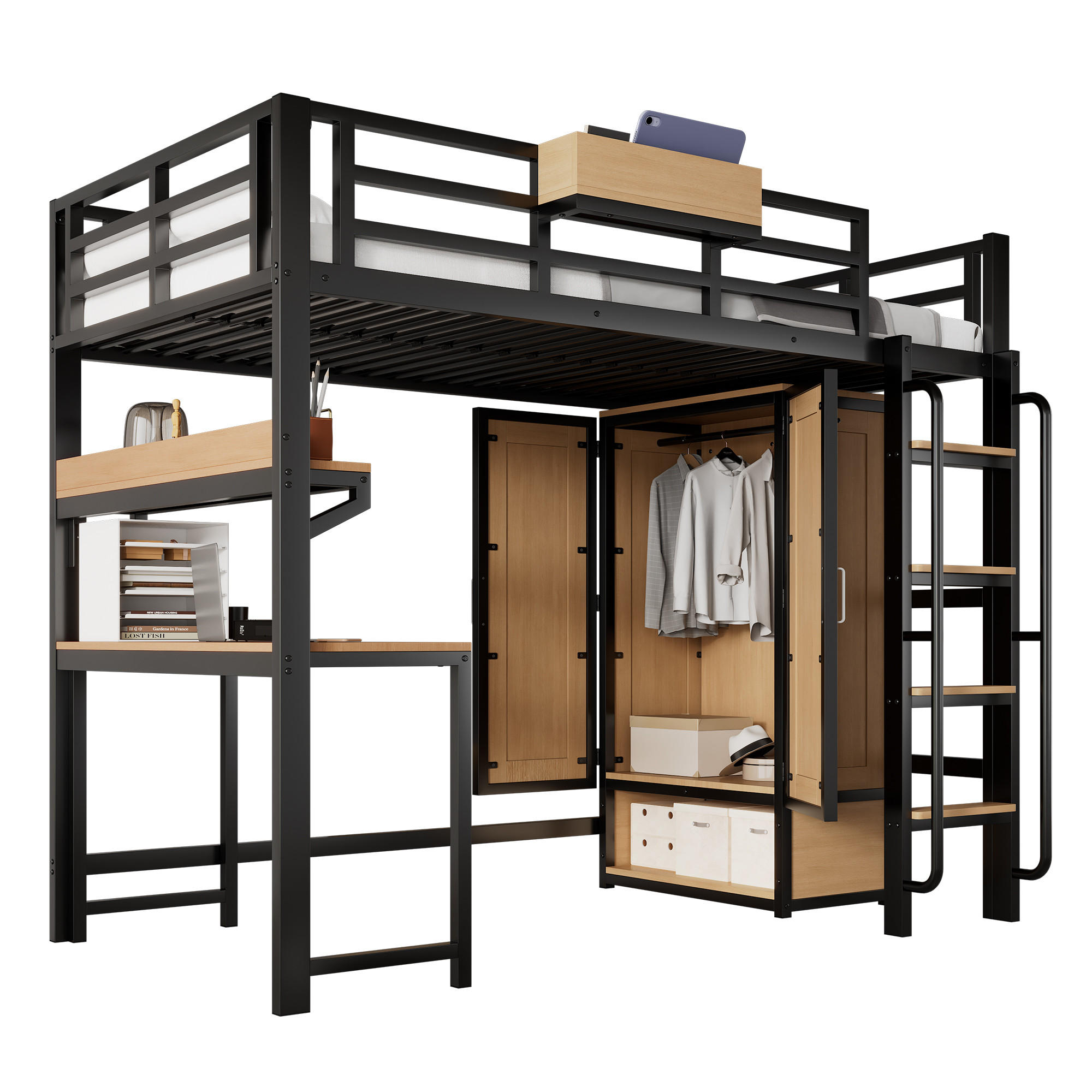 HOCHBETT aus Metall & Holz 90x200 cm in Schwarz mit Schreibtisch - Schwarz, Metall (90/200cm) - Modfu