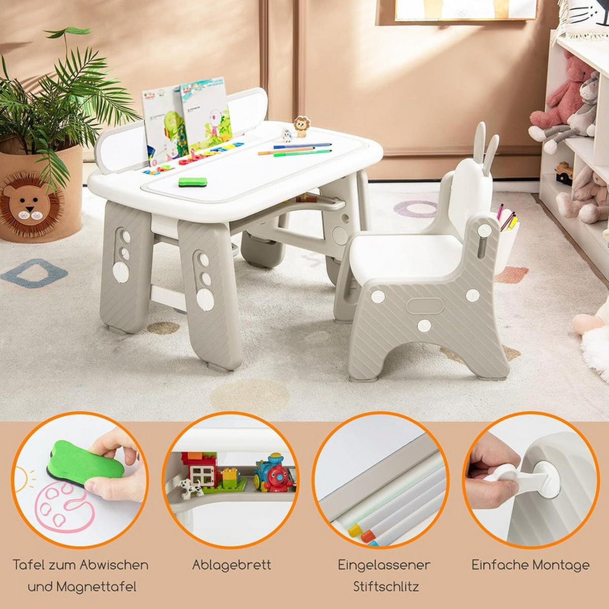KINDERTISCH mit Stuhl grau(2-tlg) - Grau, Kunststoff (80/40/50cm) - COSTWAY