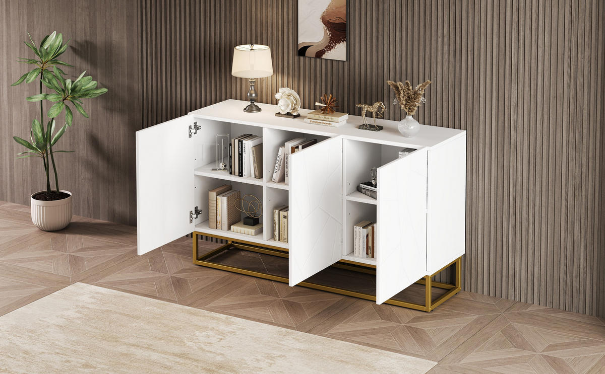 SIDEBOARD mit Goldbeinen und 3 Türen, 130/36/76cm - Weiß, Holzwerkstoff (130/76/36cm) - Urban Meuble