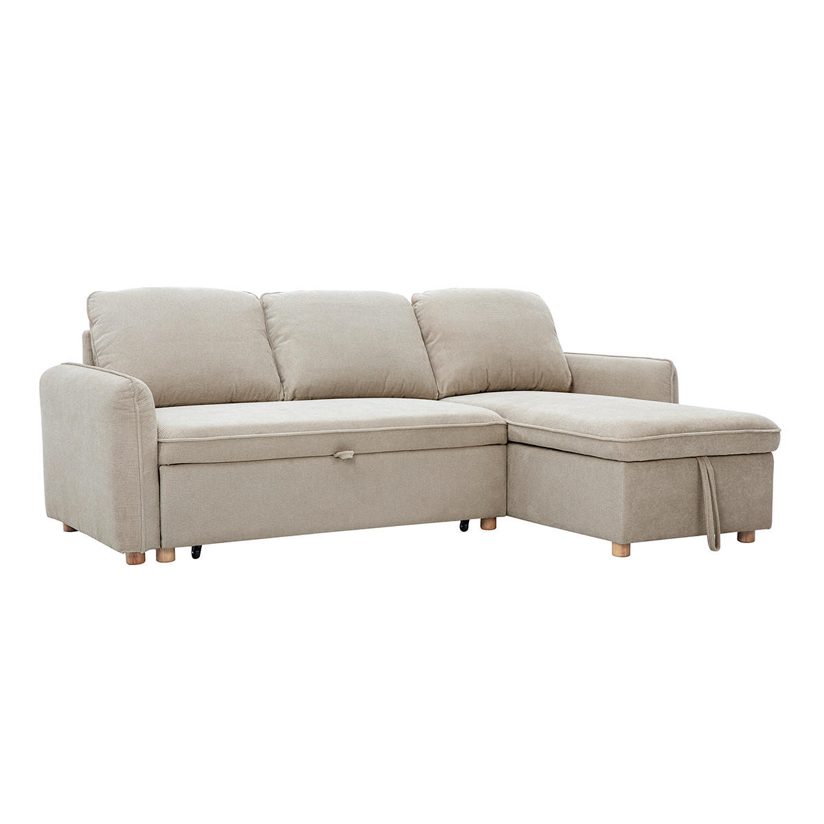 ECKSOFA mit umkehrbarer Schlaffunktion und Stauraum, 3-Sitzer in strukturiertem Samt-Optik Stoff beige und hellem Holz ORSO - Beige, Textil (139.5/83/212cm) - Miliboo